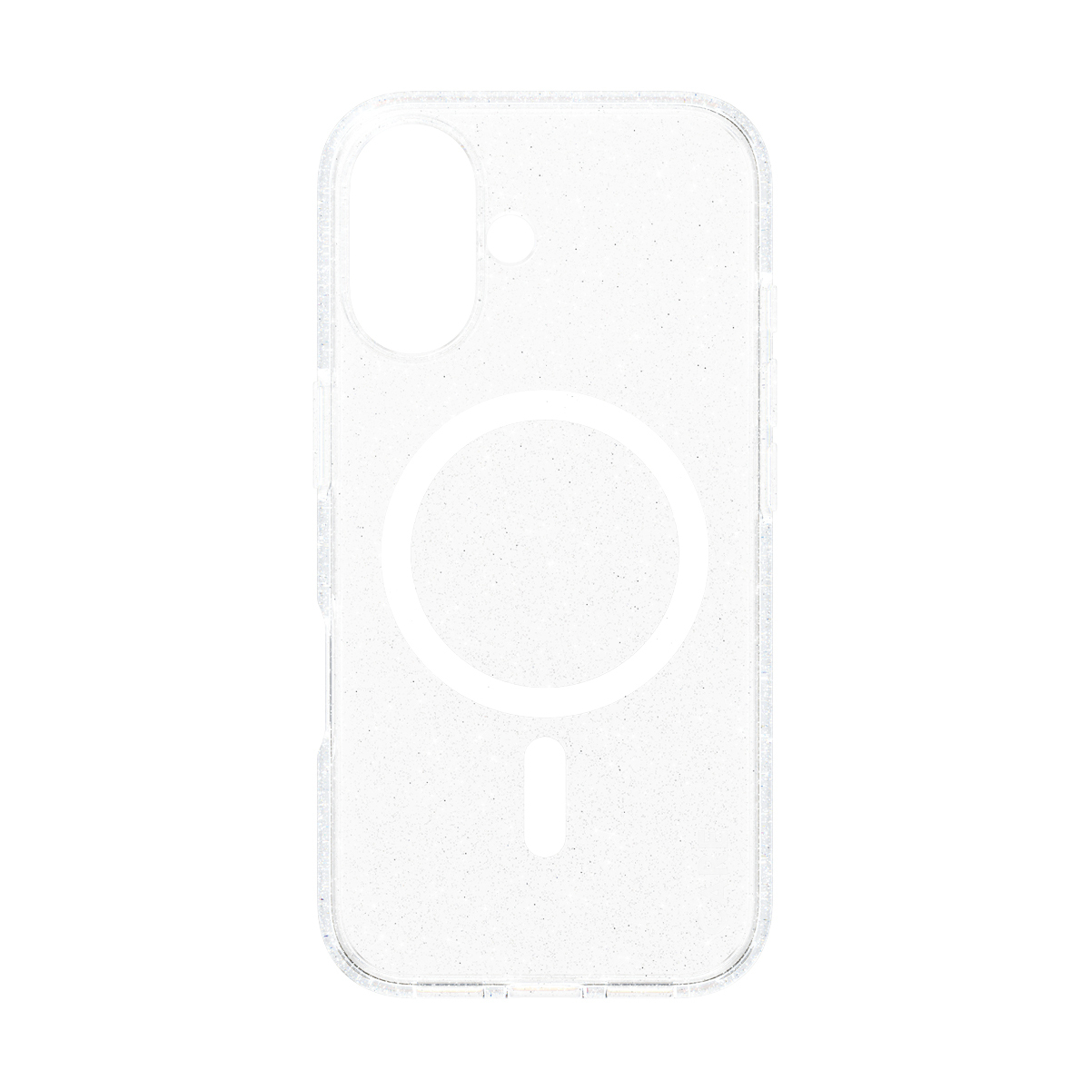 Custodia trasparente per telefono con cerchio bianco. La custodia ha un anello magnetico.