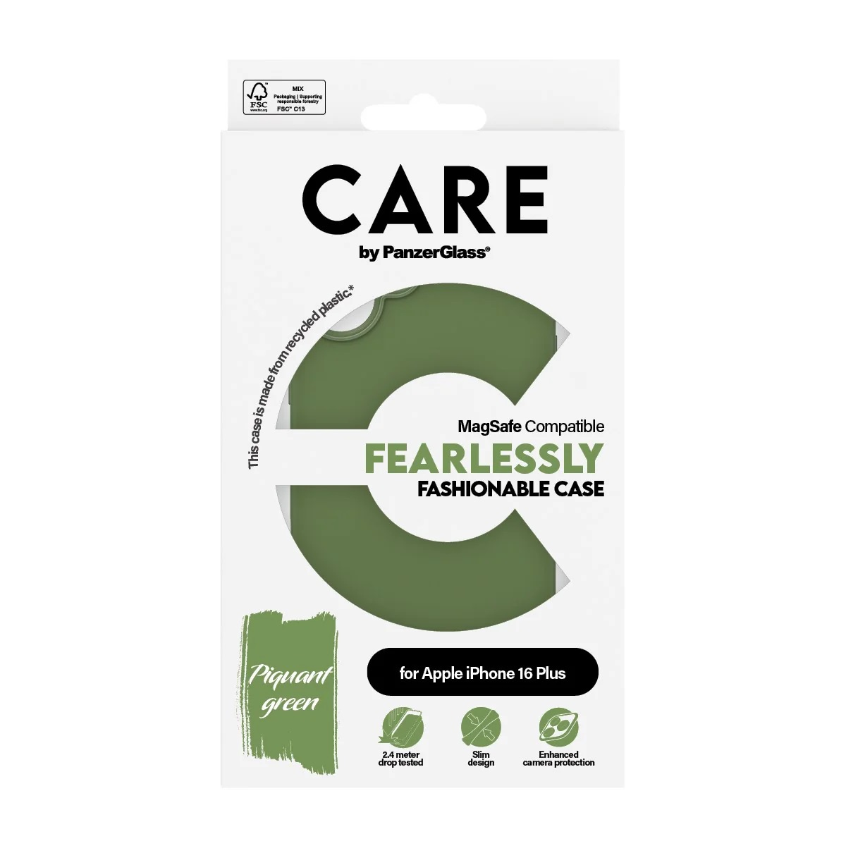 Scatola verde per custodia del telefono con testo. Dice 'CARE' e 'FEARLESSLY FASHIONABLE CASE'.