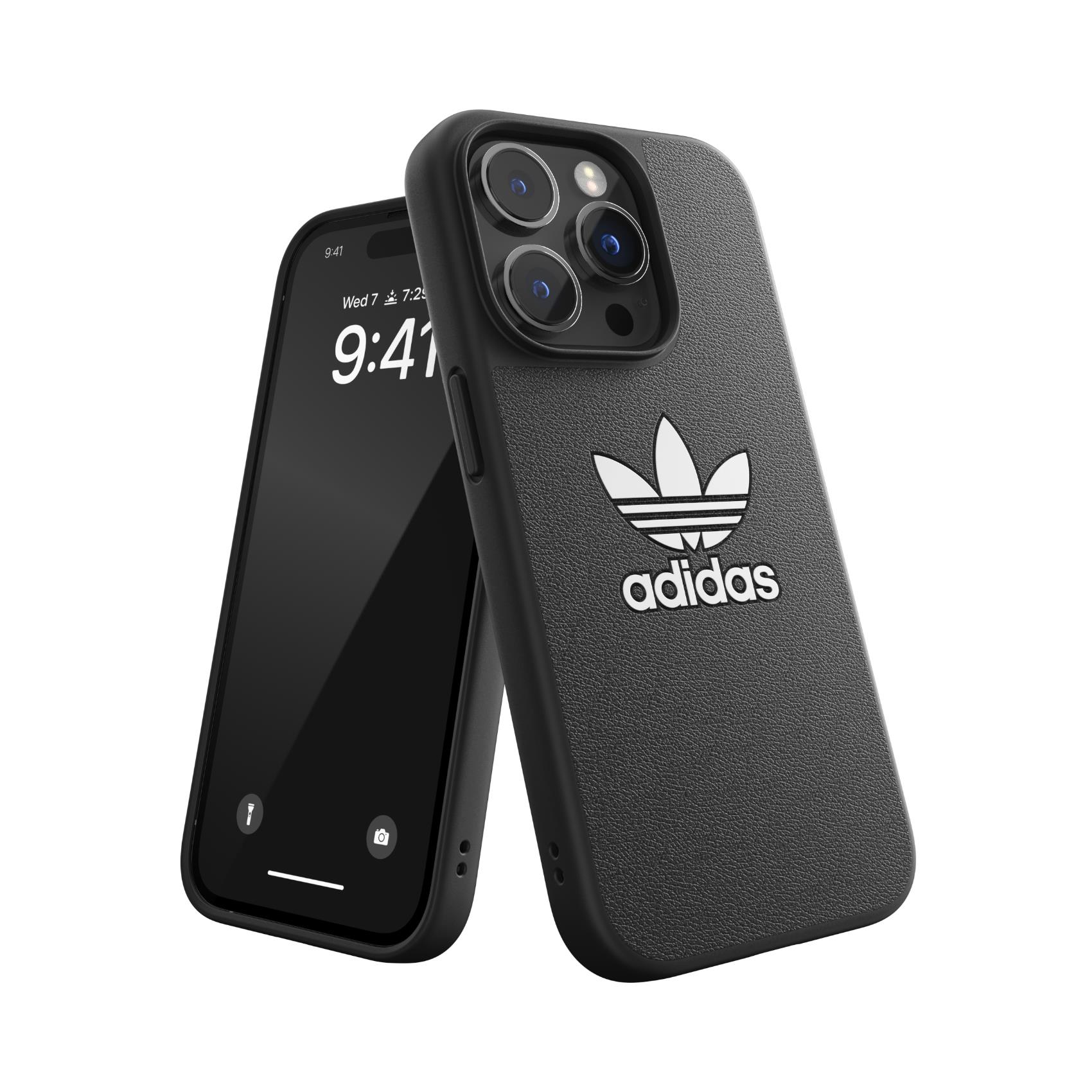 Due telefoni neri. Uno appoggiato all'altro, mostra il logo adidas sulla custodia.
