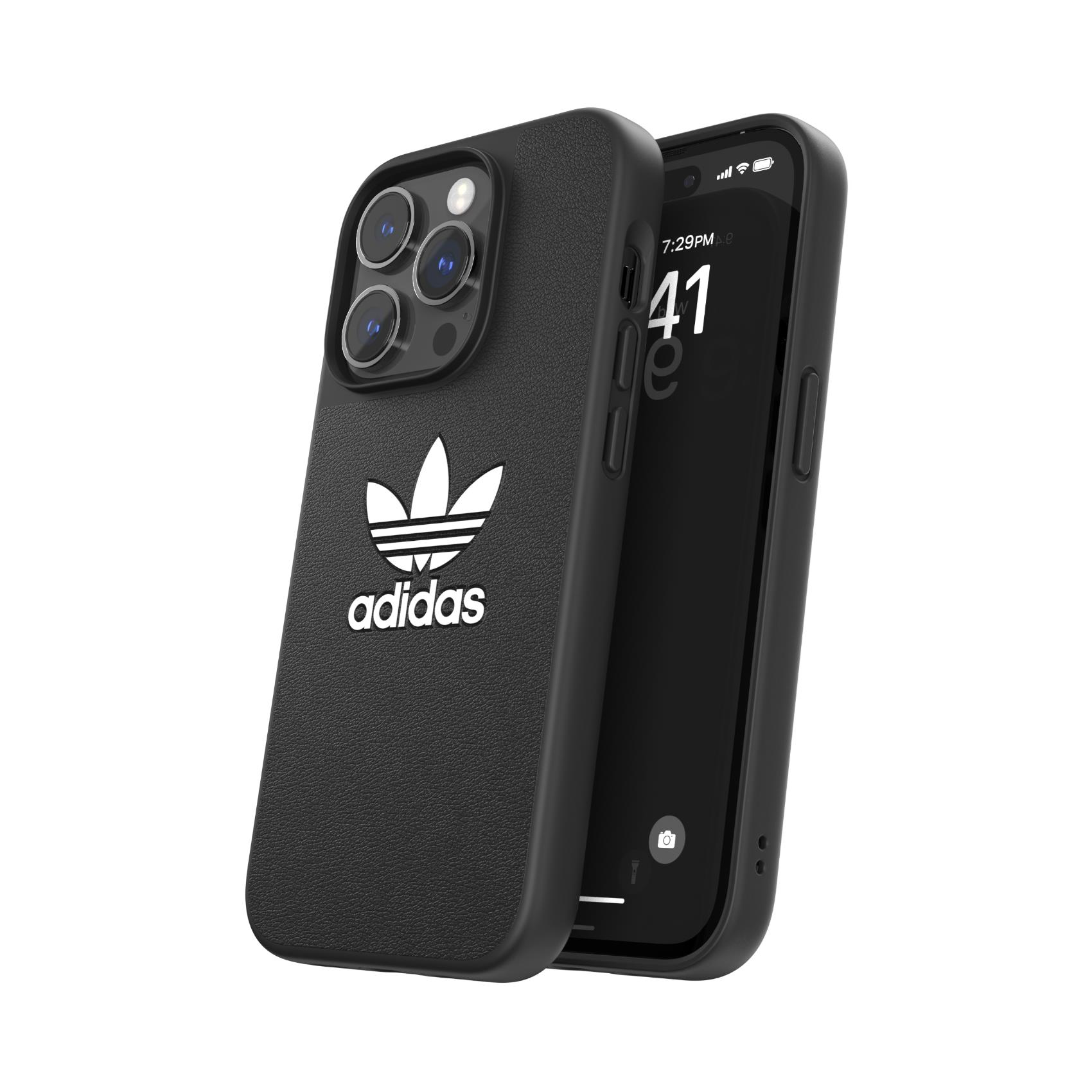 Telefono nero con il logo Adidas su una custodia. Mostra l'ora e le lenti della fotocamera.