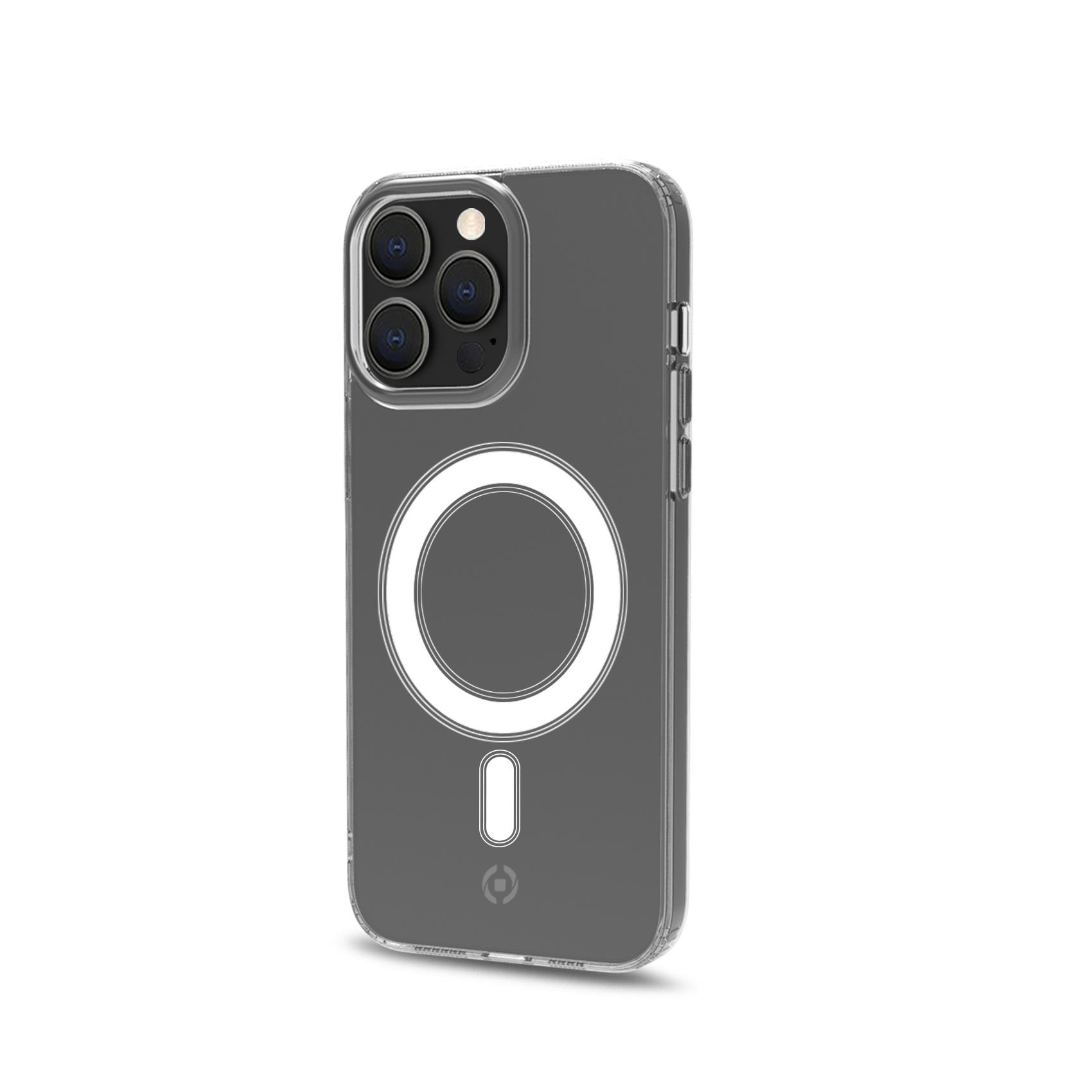 Custodia trasparente con cerchio magnetico nero, sfondo bianco.
