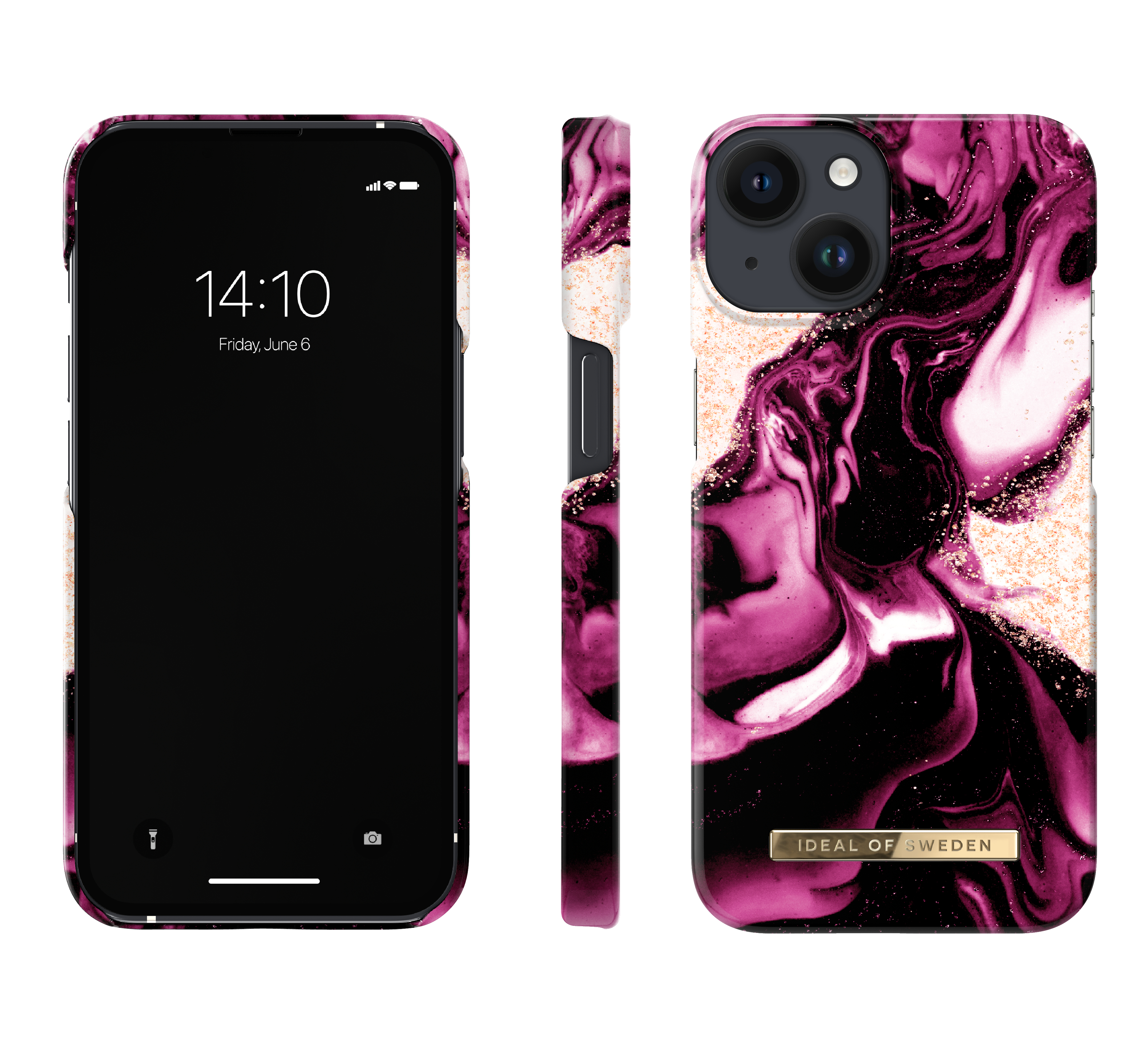 Drei Ansichten eines Telefons. Das Telefon hat ein rosa-lila Marmormuster und einen goldenen Rand.