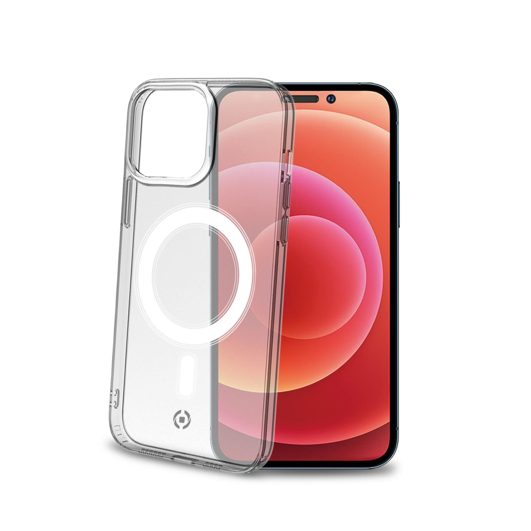 Custodia trasparente per telefono su un iPhone. Il telefono è acceso e lo schermo mostra una sfumatura rossa e rosa.