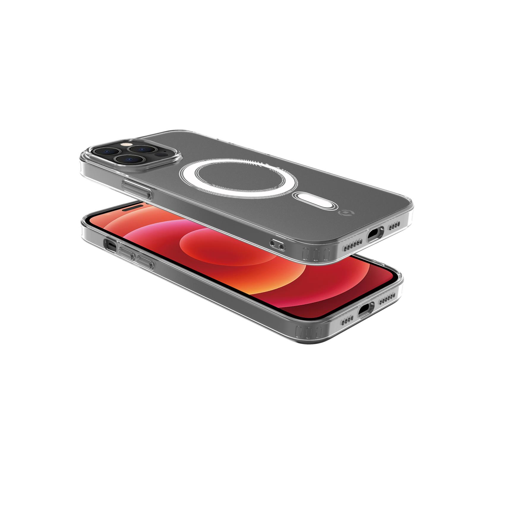 Custodia e telefono. La custodia è trasparente con cerchio magnetico nero.