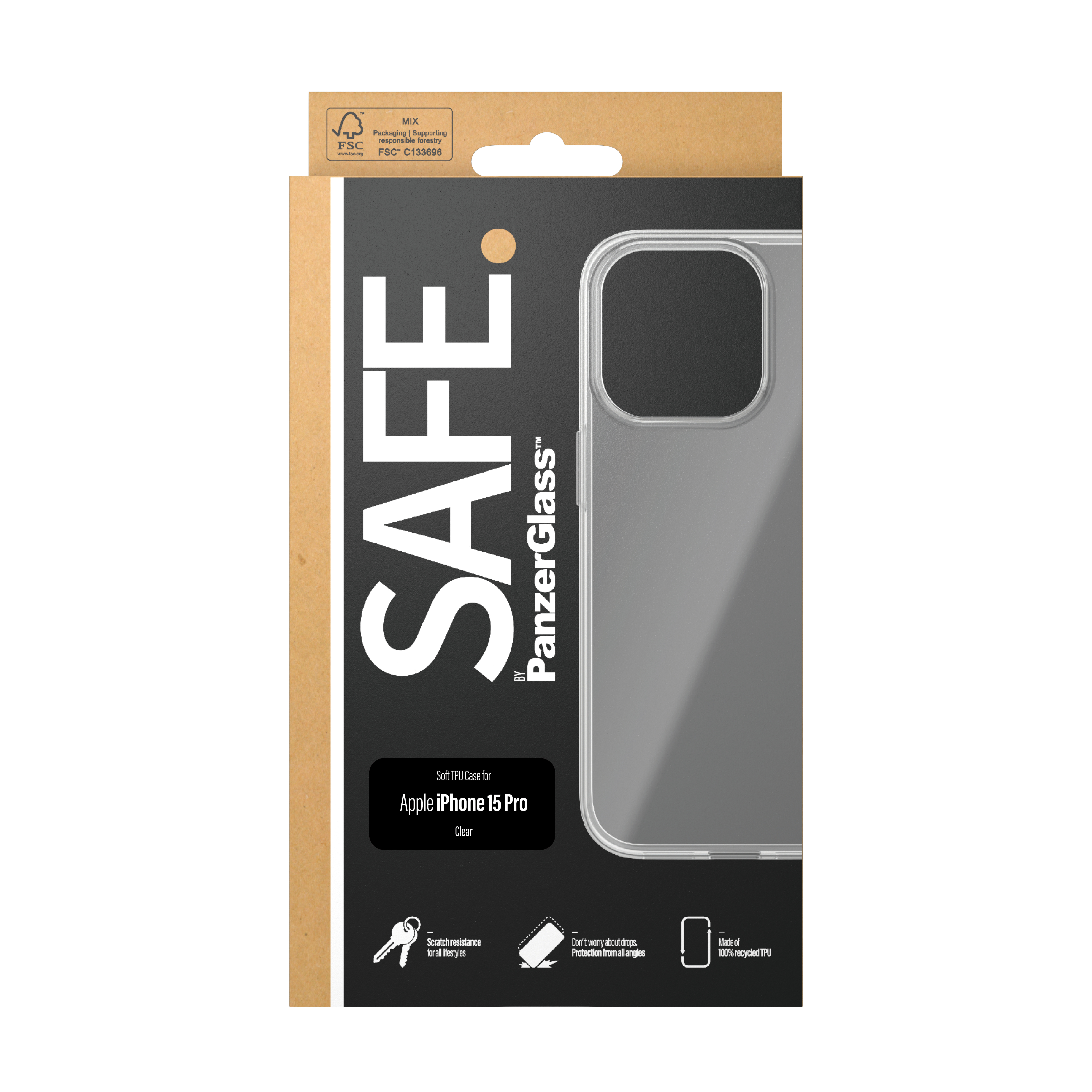 Embalaje transparente de funda para teléfono. La caja dice 'SAFE' y 'PanzerGlass'. Contiene una funda clara.