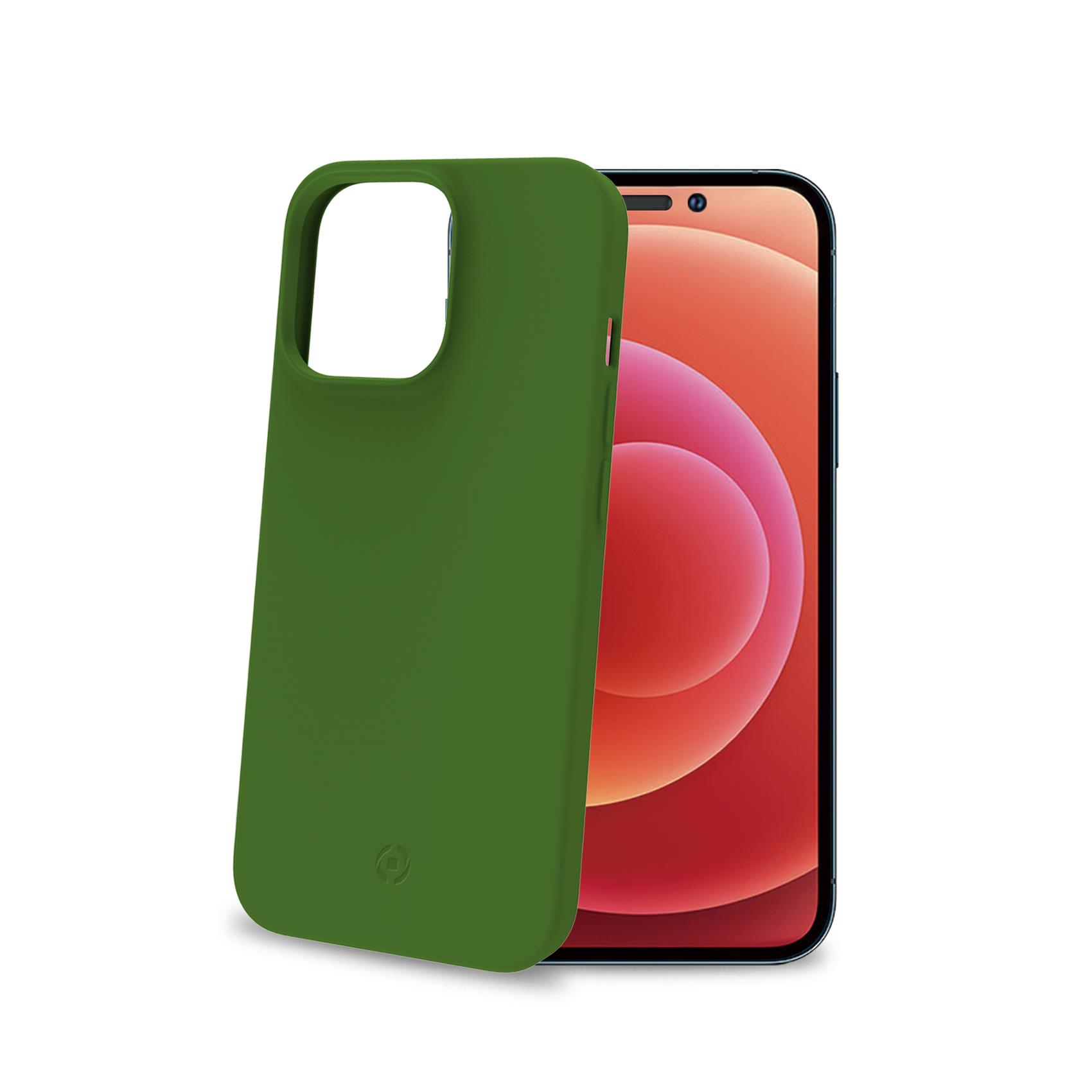 Custodia verde per telefono accanto a un iPhone. Il telefono mostra uno schermo con toni rossi e arancioni.