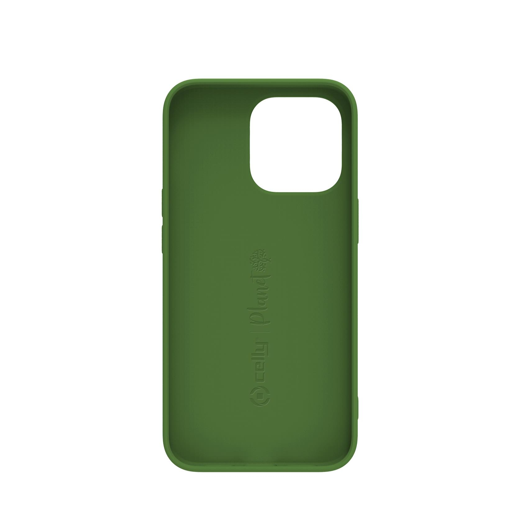 Vista interna di una custodia verde per telefono. La custodia ha un'apertura per la fotocamera e un logo.