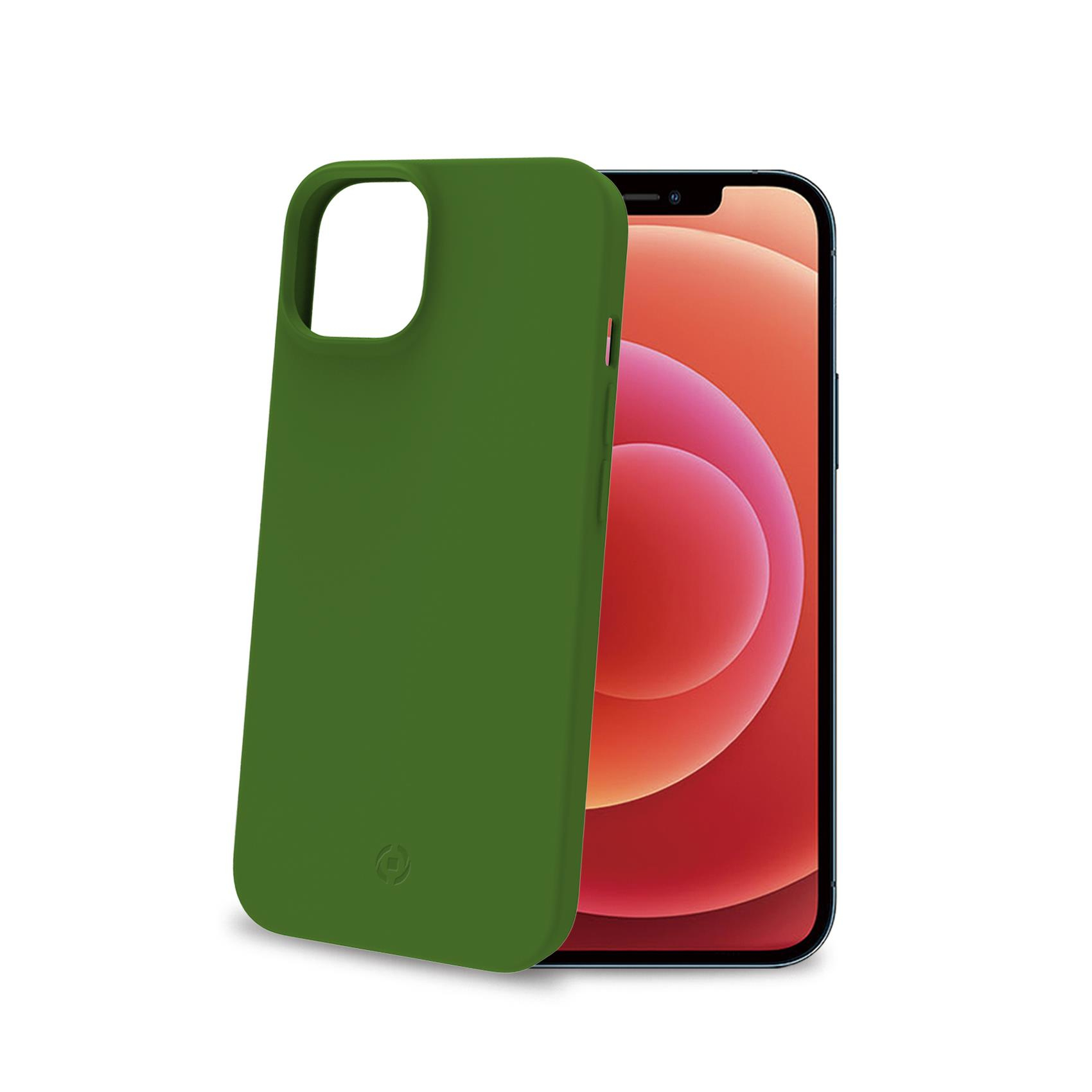 Grüne Handyhülle neben einem iPhone. Das Telefon zeigt einen Bildschirm mit Rot- und Orangetönen.