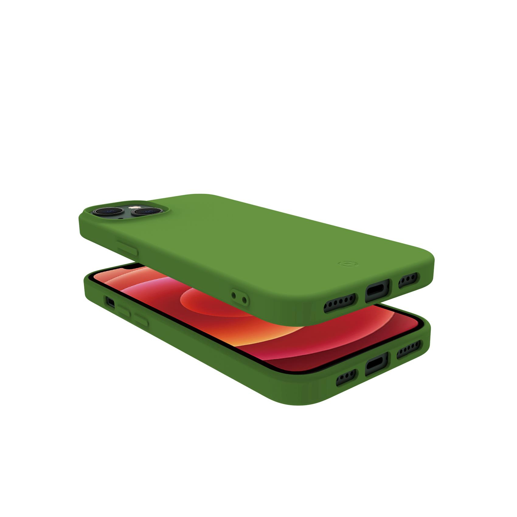 Grüne Handyhülle mit einem Telefon darin. Das Telefon zeigt den Bildschirm mit Rot- und Orangetönen.