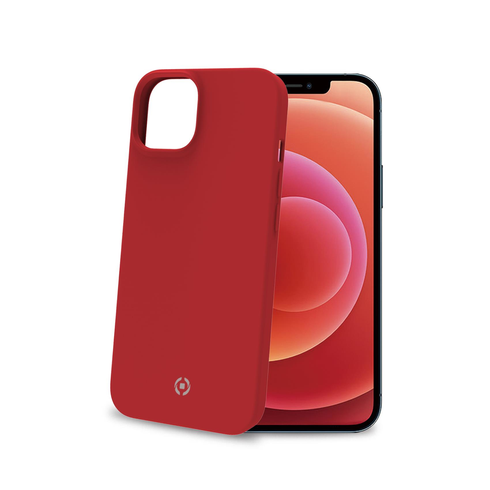 Custodia per telefono rossa. La custodia è rossa tinta unita ed è accanto a un telefono che mostra uno schermo rosso.