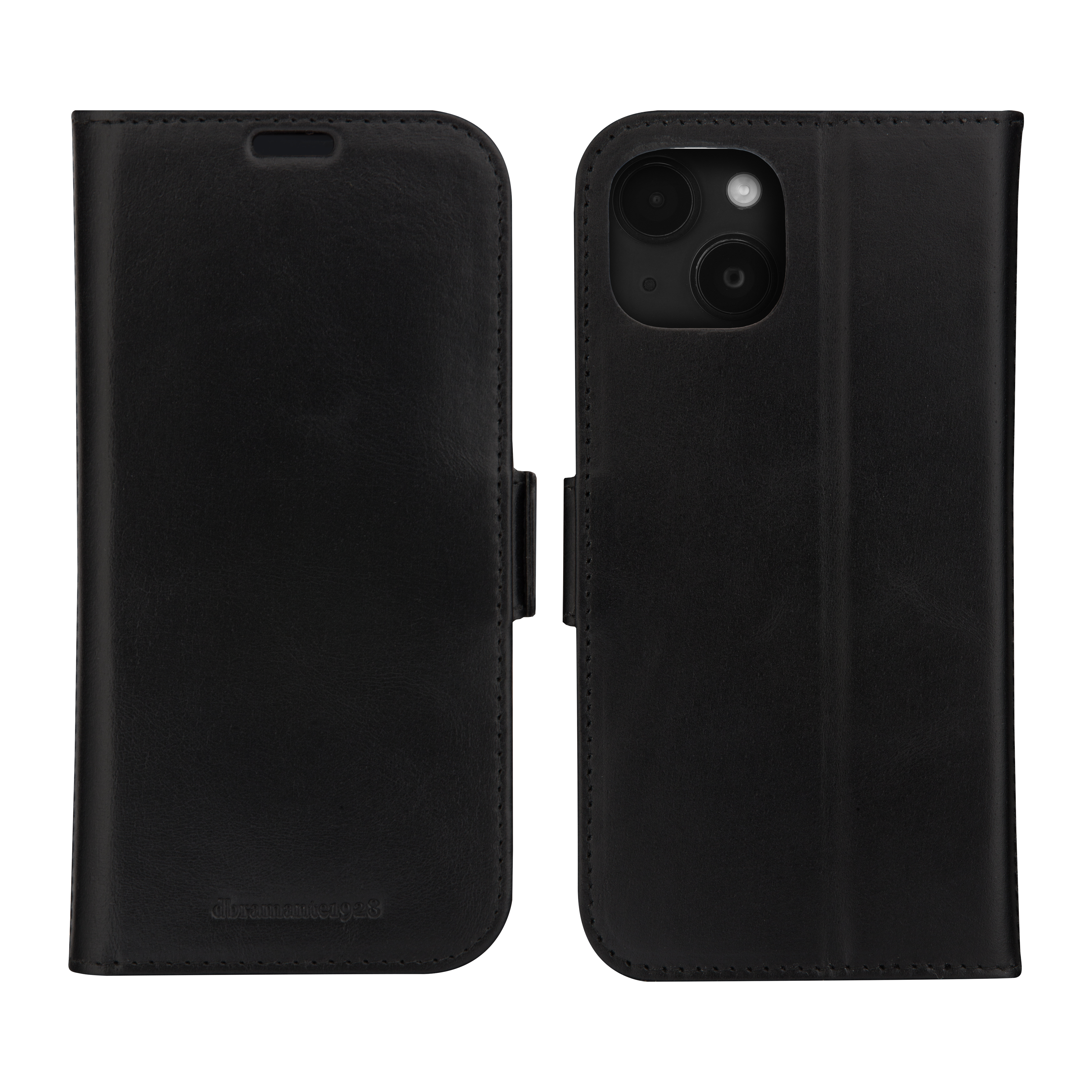 Dwie strony czarnego etui na telefon. Pokazuje przód z zapięciem i tył z otworami na aparat.