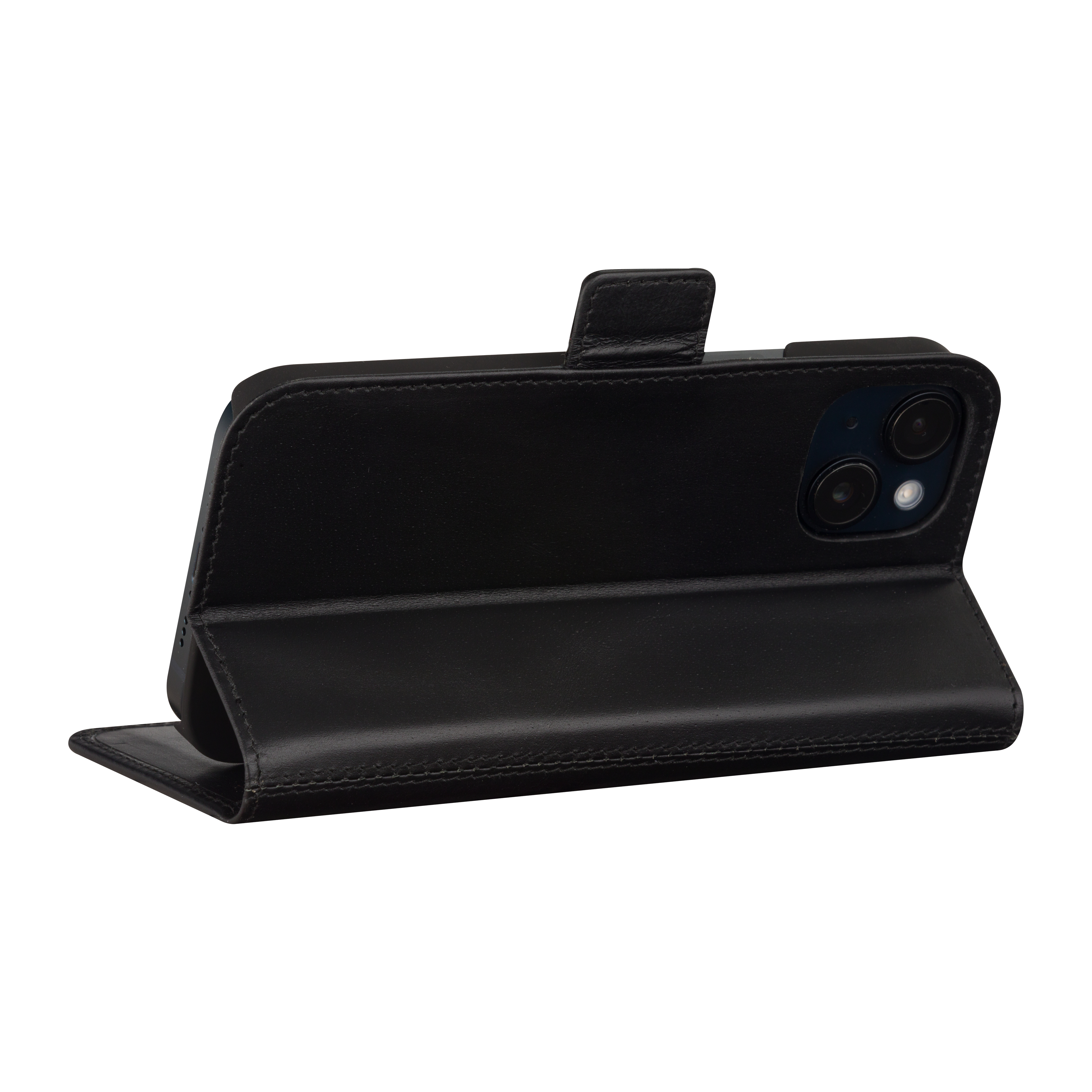 Czarne etui na telefon, otwarte, pokazujące ekran telefonu. Telefon jest w skórzanym etui, na białym tle.