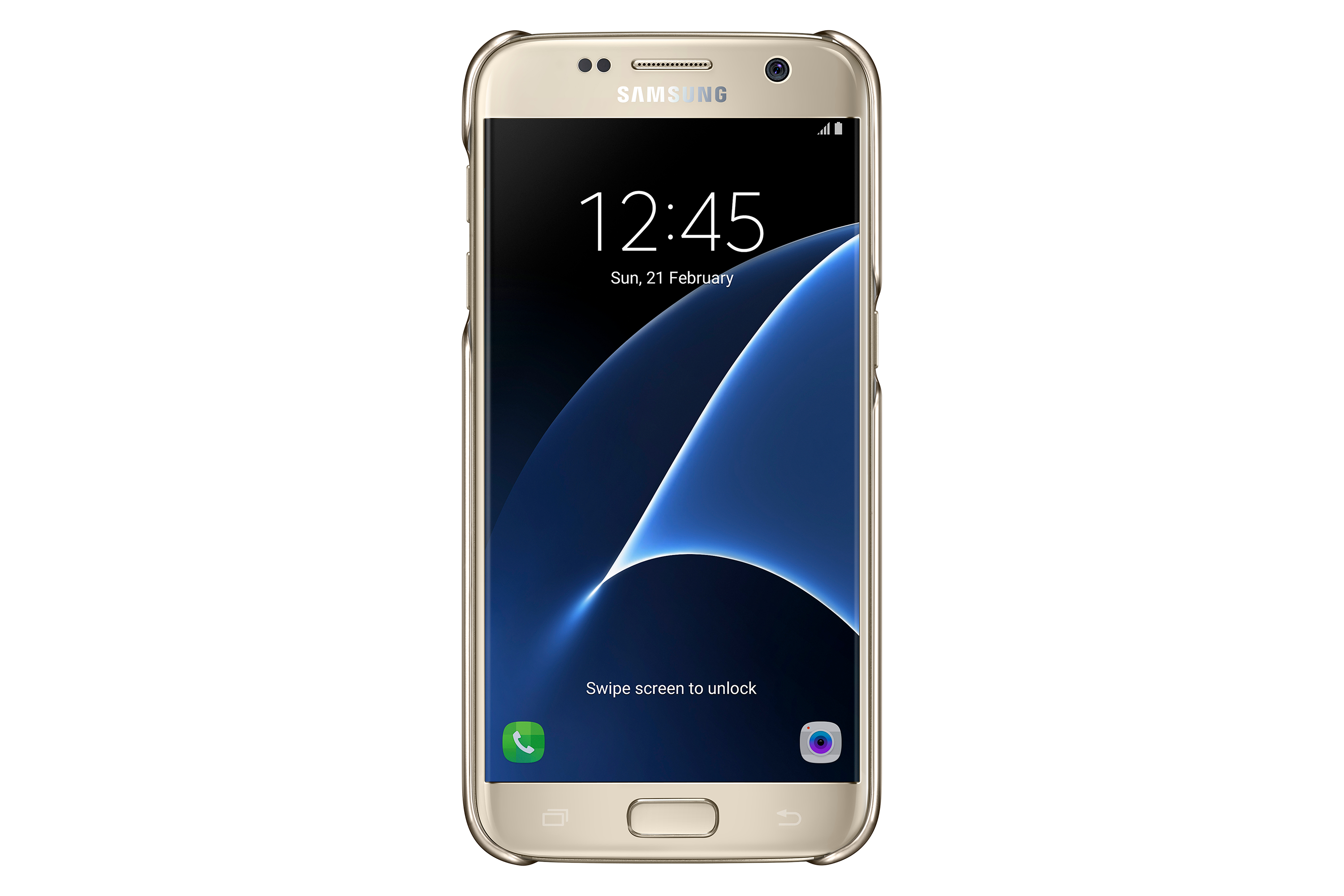 Un telefono Samsung Galaxy S7 dorato con una custodia trasparente. Il telefono mostra l'ora e la data.