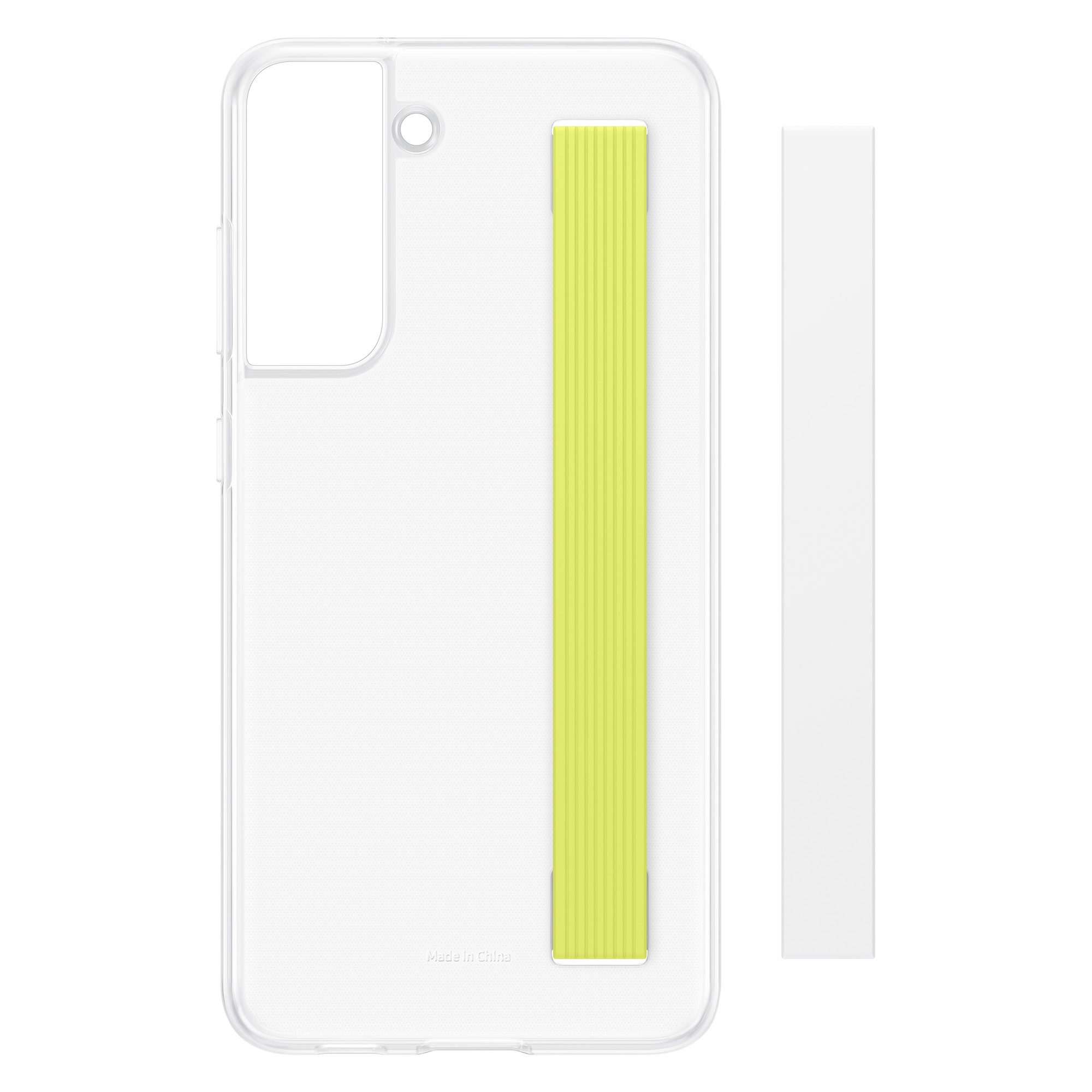 Custodia trasparente per telefono con supporto. Il supporto è giallo. La custodia è trasparente.