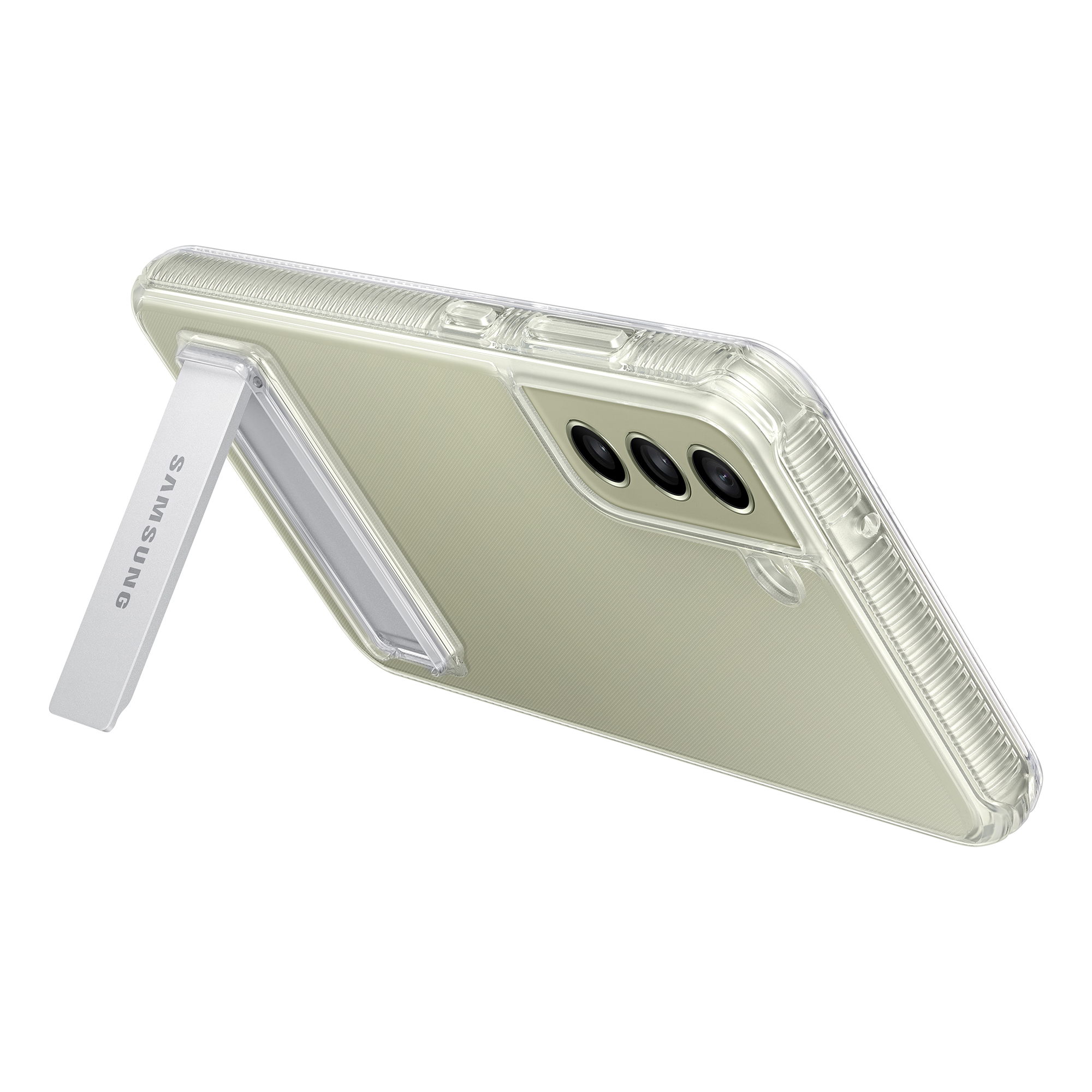 Transparante telefoonhoes met een standaard. De standaard is zilver. De hoes heeft een ontwerp.