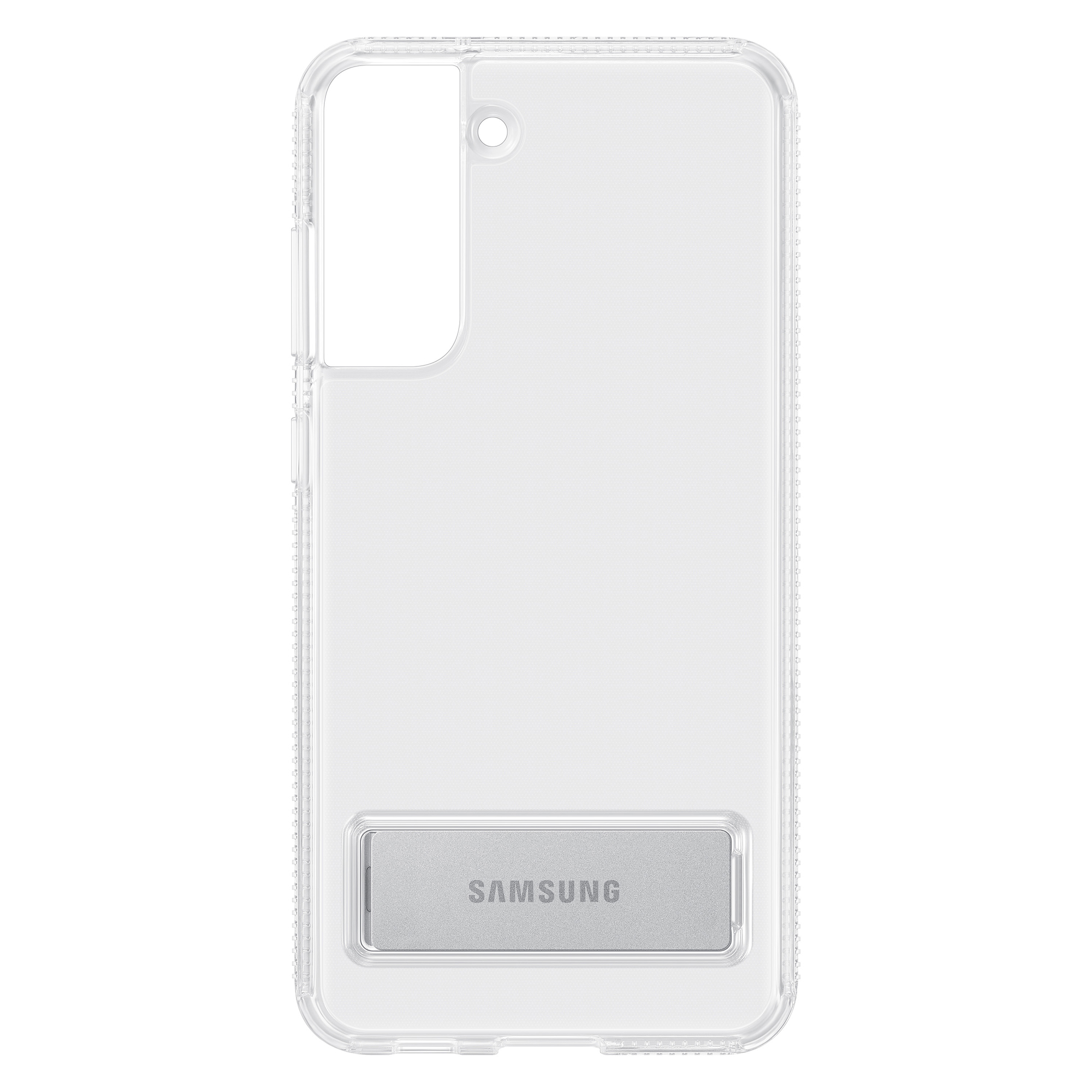 Transparante telefoonhoes met een standaard. De standaard is zilver. Transparante hoes.