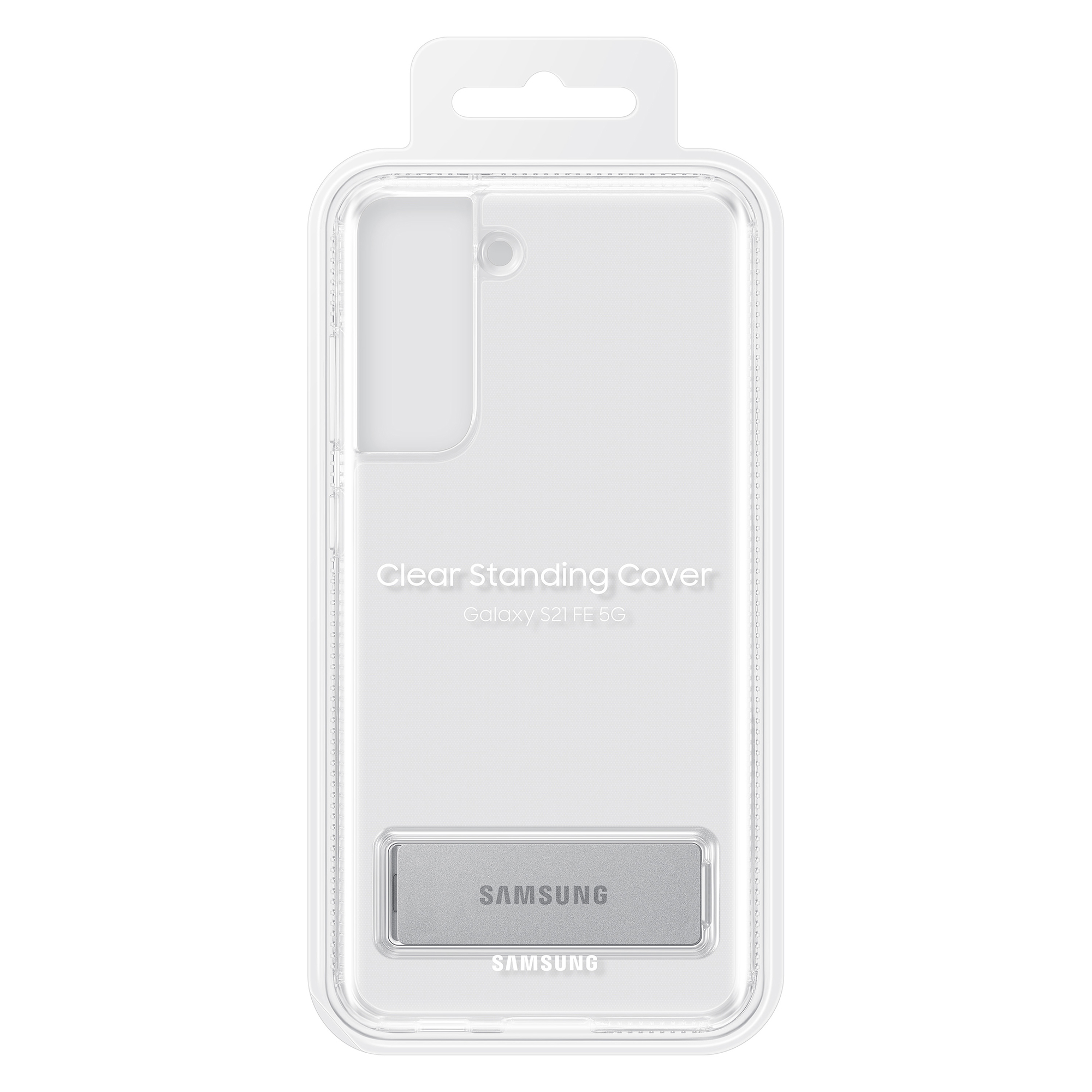 Transparante telefoonhoes in verpakking. Tekst: Clear Standing Cover, Samsung. Standaard is zilver.