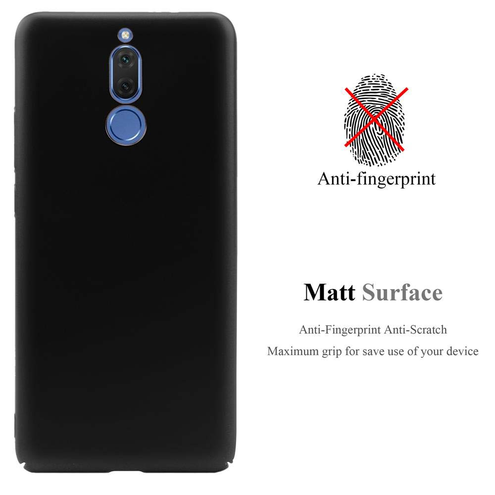 Custodia per telefono nera e un telefono. Testo: Anti-impronte e superficie opaca.