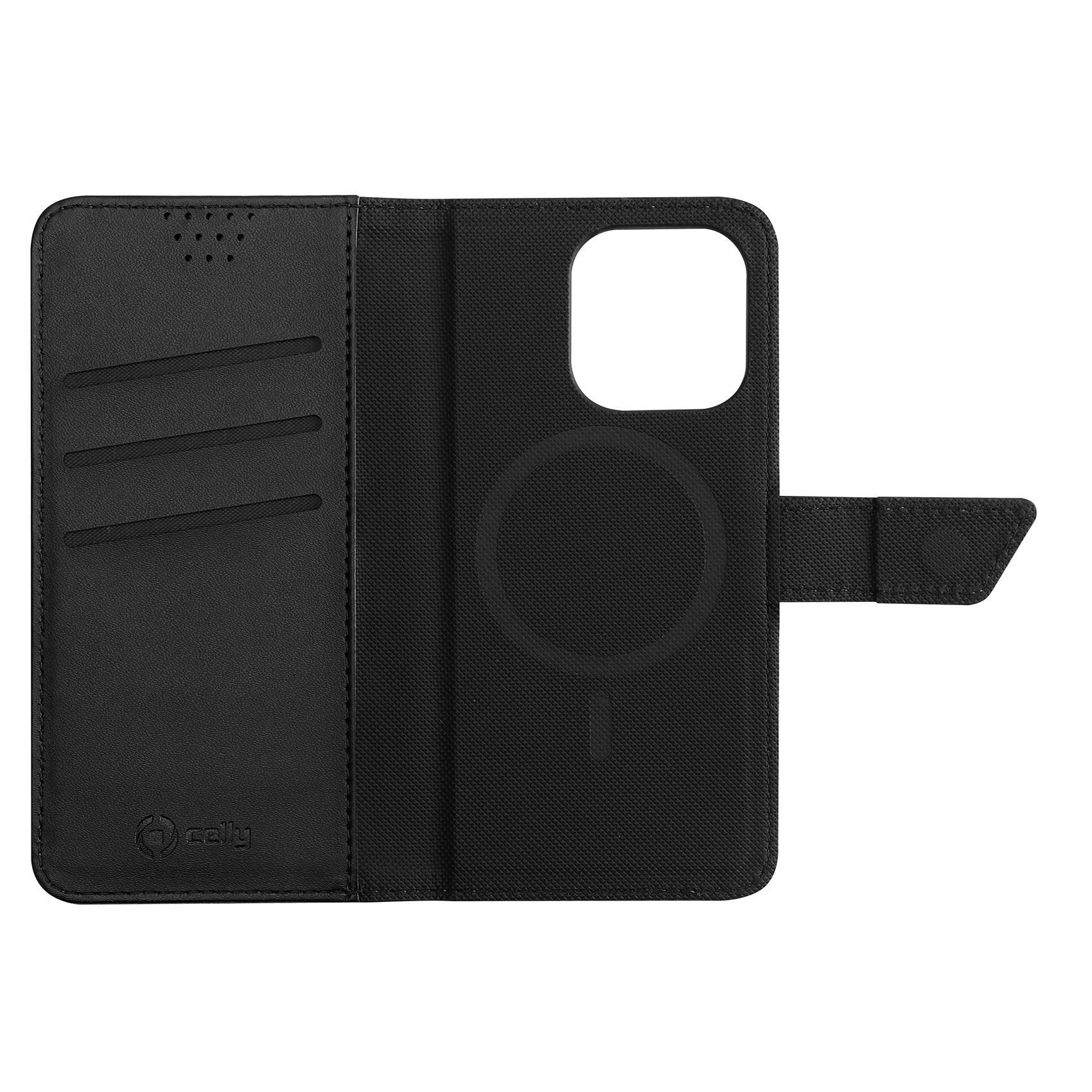 Custodia a portafoglio in pelle nera, aperta. All'interno, fessure per carte e un supporto per telefono. La custodia è chiusa.