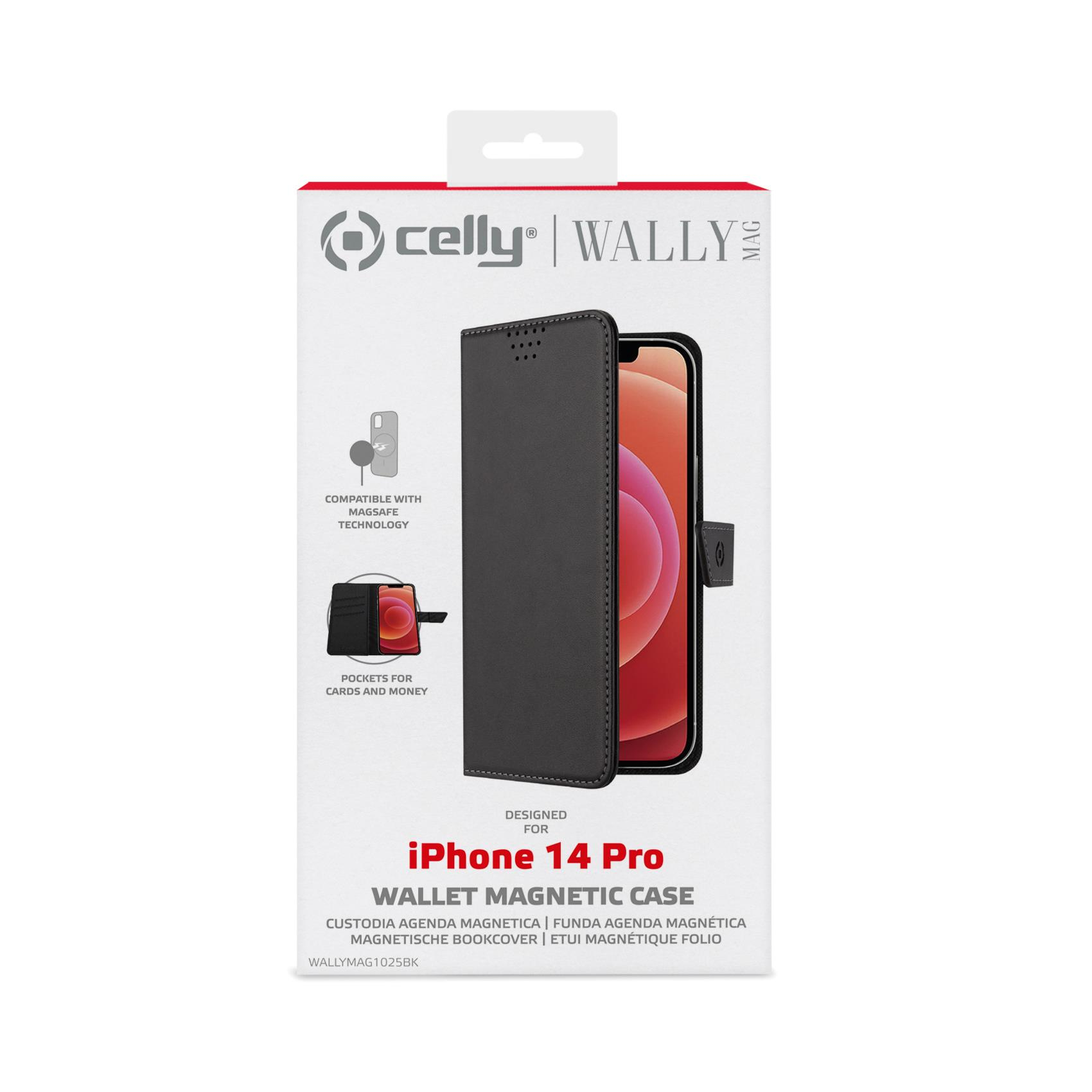 Una scatola per custodia per telefono con una custodia a portafoglio nera, progettata per iPhone 14 Pro. Mostra il telefono all'interno.