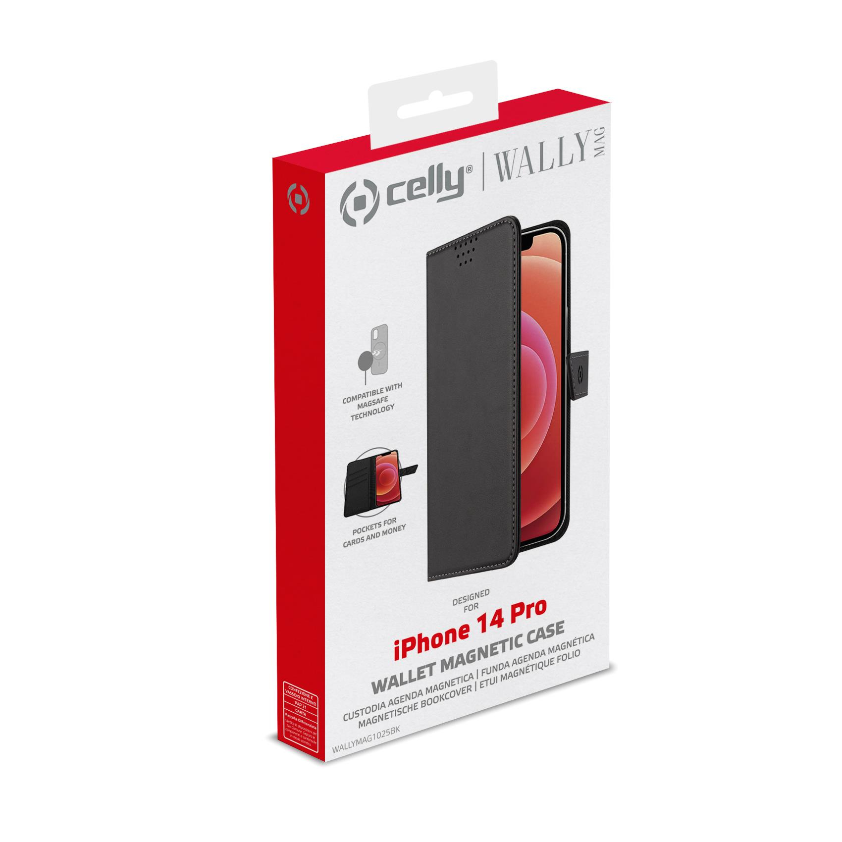 Una scatola per custodia per telefono con una custodia a portafoglio nera, progettata per iPhone 14 Pro. Mostra il telefono all'interno.