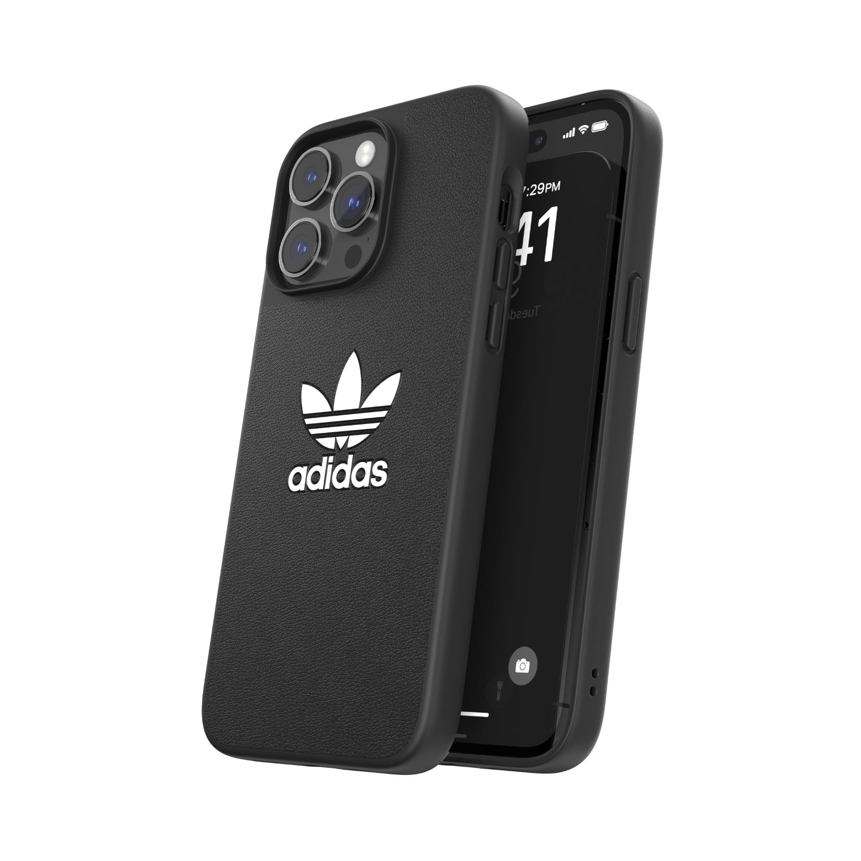 Custodia nera con logo Adidas e telefono. Logo Adidas sul retro.