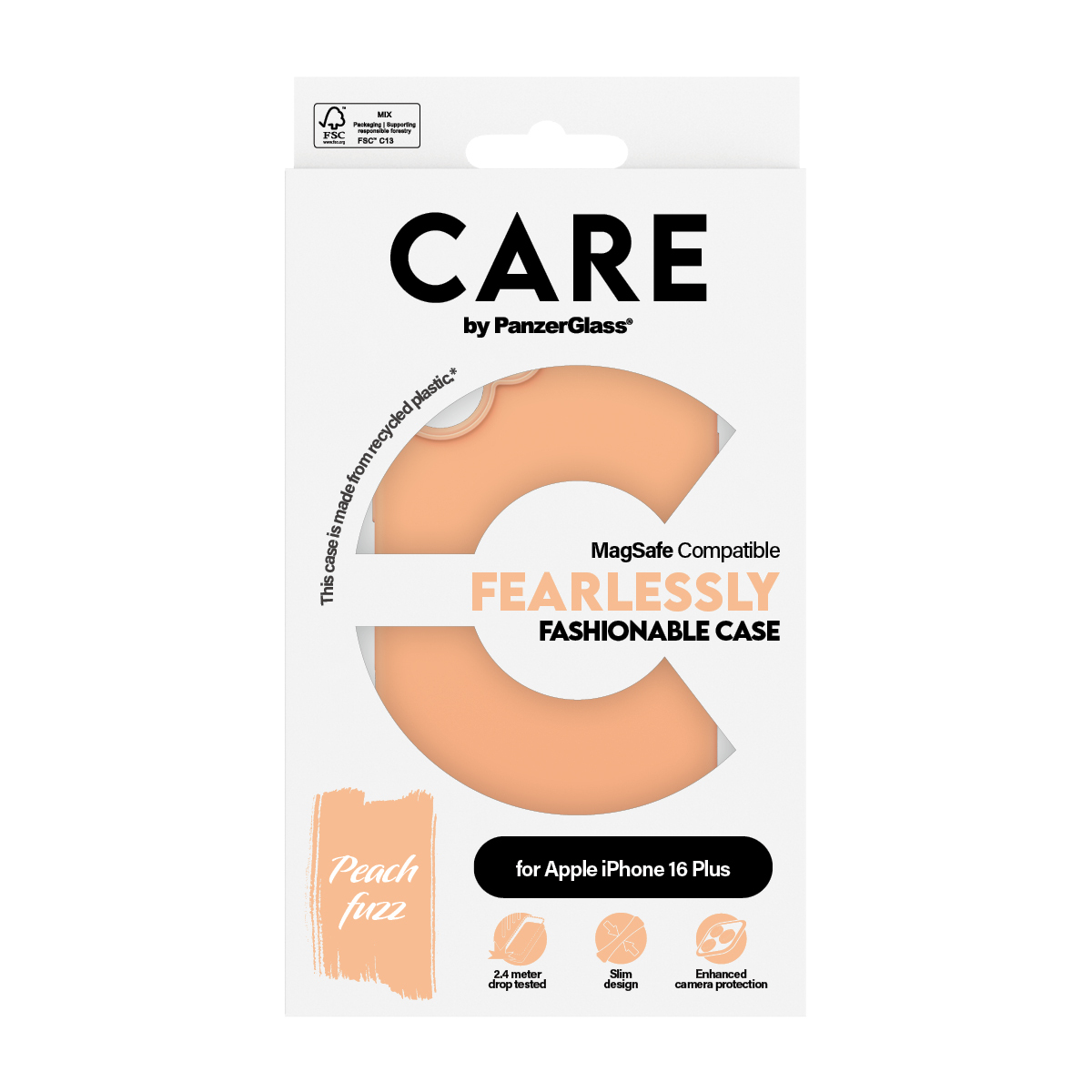 Scatola per una custodia con un design color pesca. Testo: 'PEACH FUZZ'.