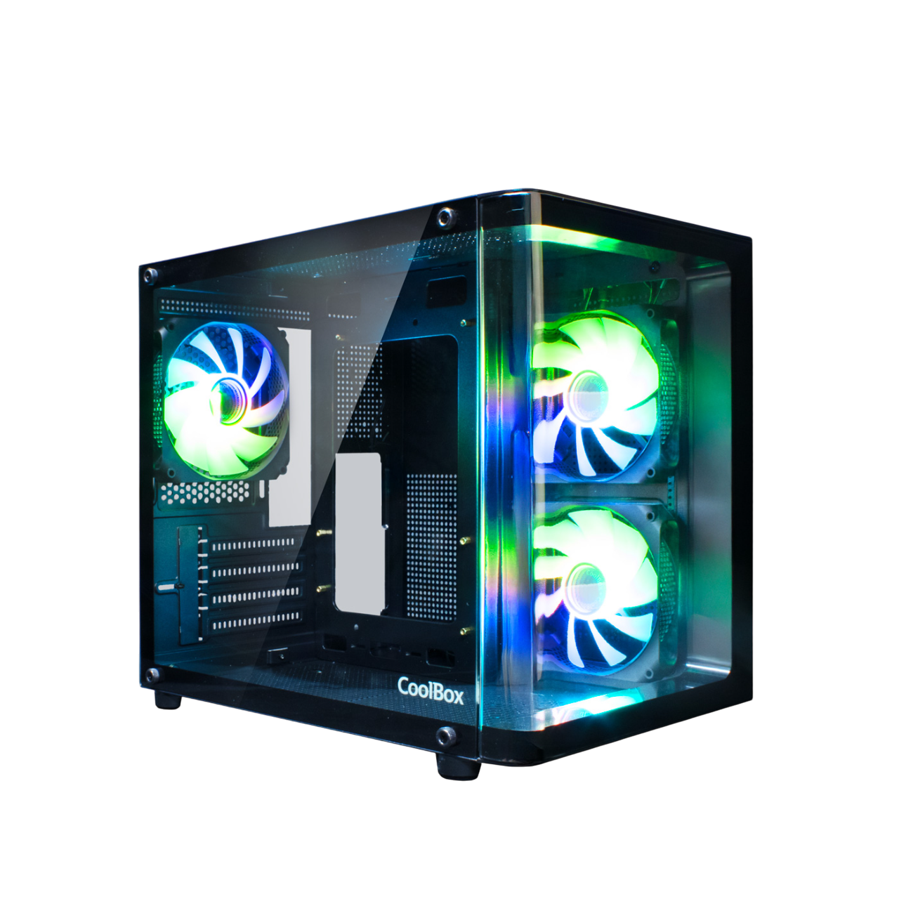 Obudowa komputera z trzema wentylatorami świecącymi na niebiesko i zielono na czarnym tle.