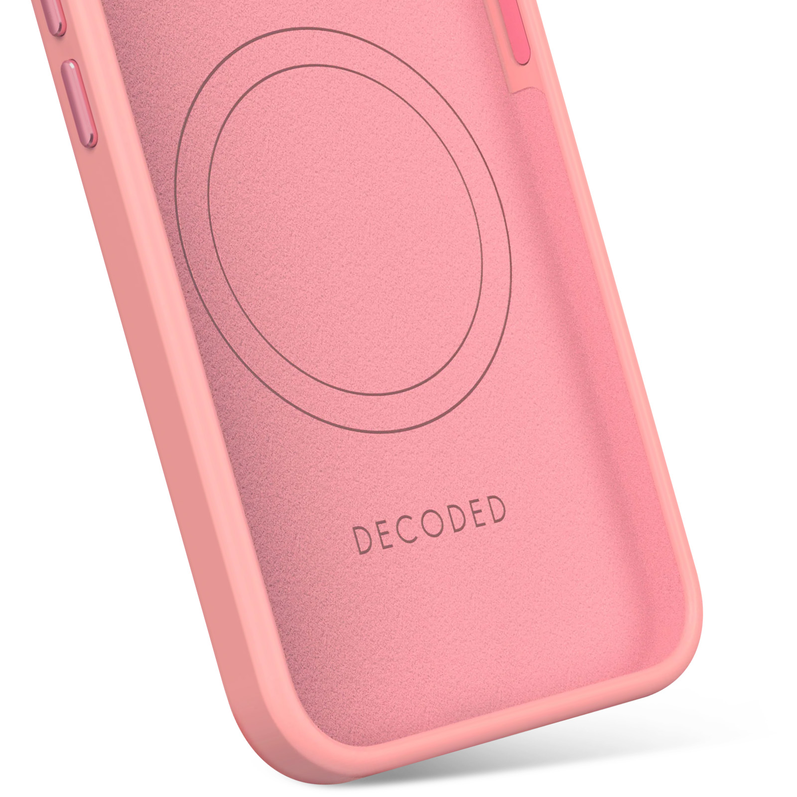 Roze telefoonhoesje met een cirkelvormig ontwerp binnenin, het woord DECODED onderaan, witte achtergrond.