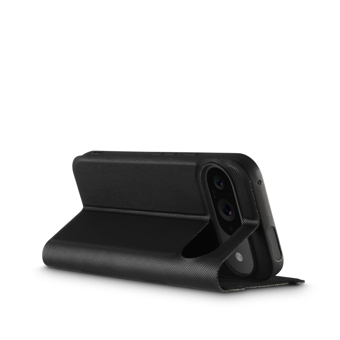 Telefono nero in una custodia nera aperta. La parte posteriore del telefono è visibile.
