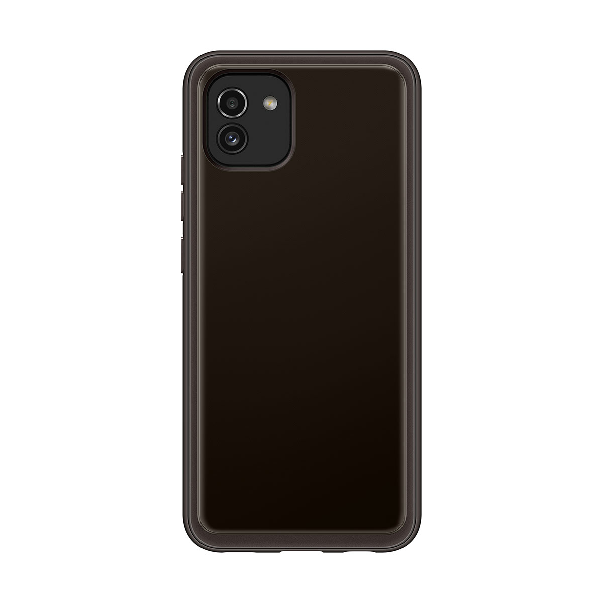 Black phone case with a dark brown frame. Two cameras are visible.