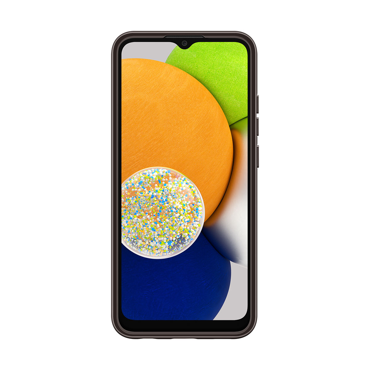 A smartphone with a colorful display. The phone is brown.