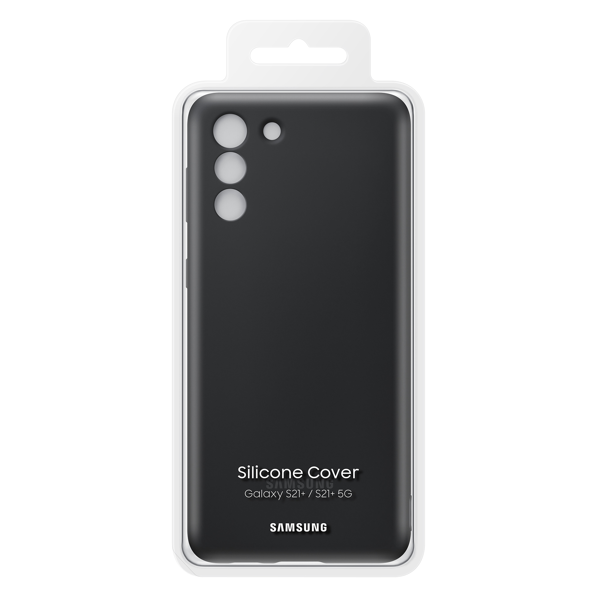 Funda de silicona negra para teléfono en una caja blanca. El texto dice: Funda de silicona.