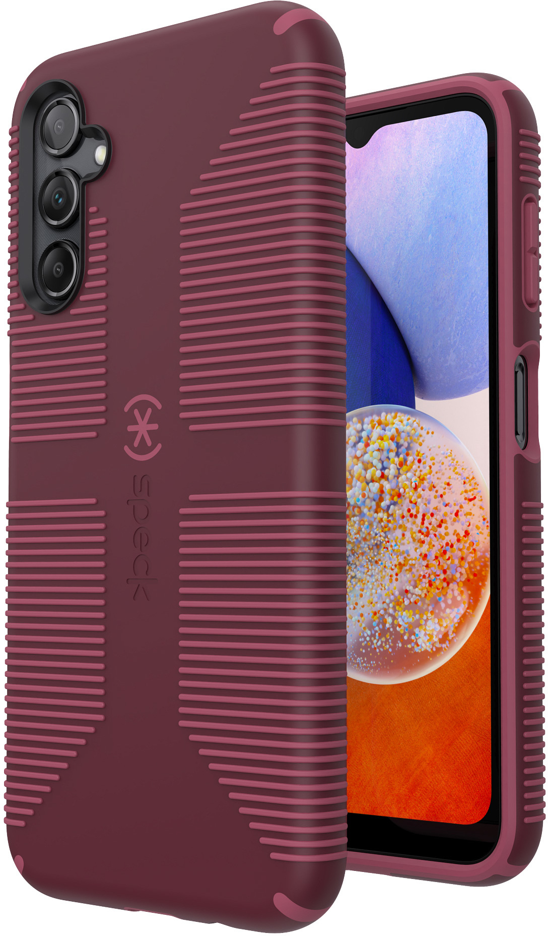 Burgundy phone case, side view, with a ribbed design. The case has a camera cutout. Speck logo.
