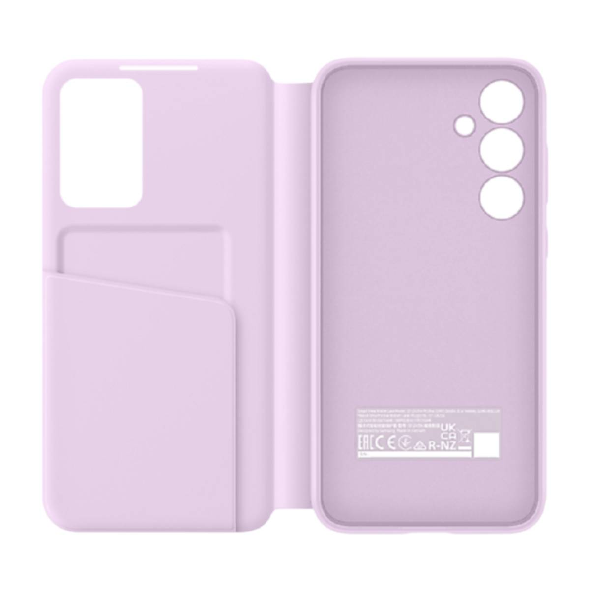 Funda de teléfono lila claro, abierta. El interior muestra una ranura para tarjetas y la forma del teléfono. Visible.