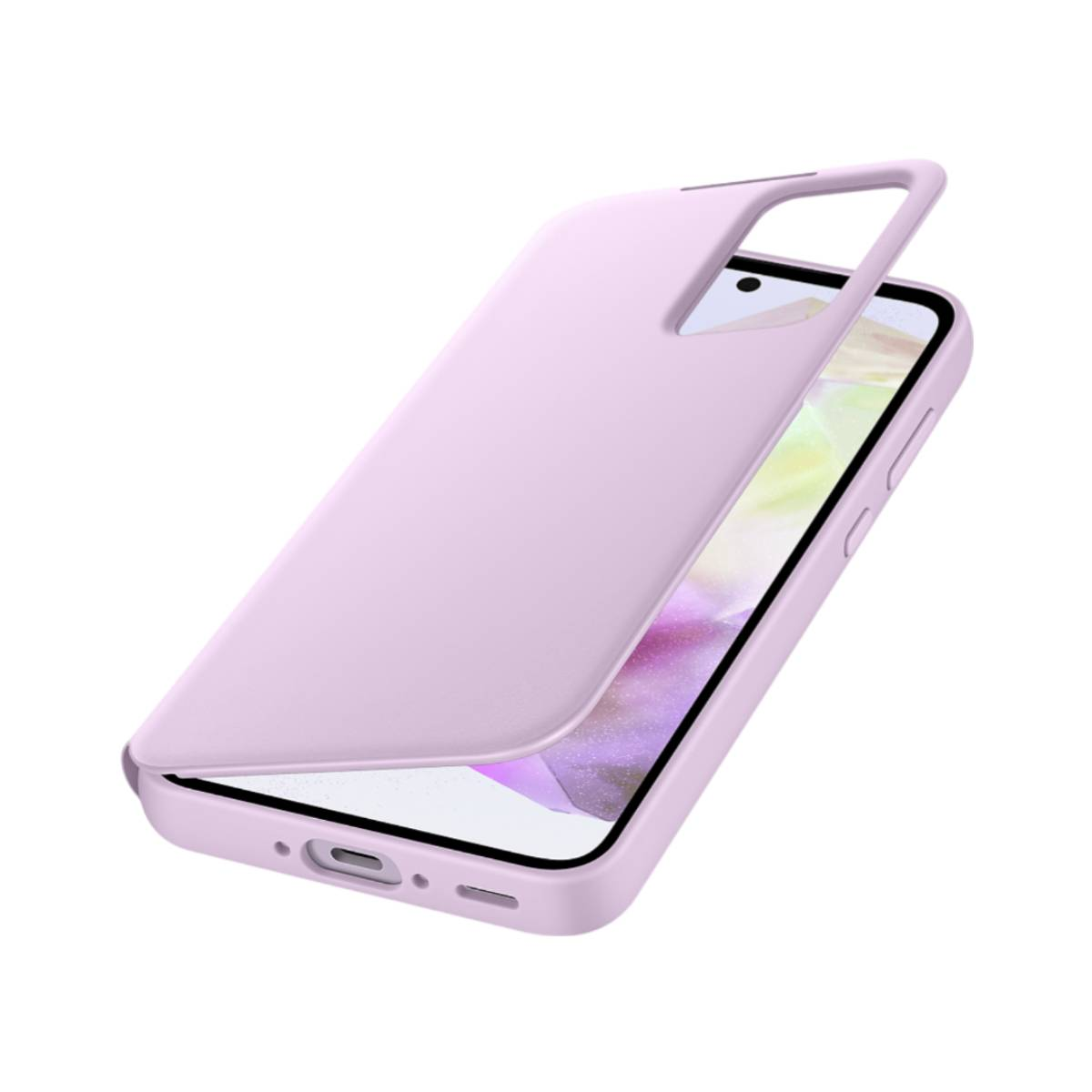 Funda de teléfono lila claro con un teléfono a juego en su interior. La funda está abierta, mostrando la pantalla.
