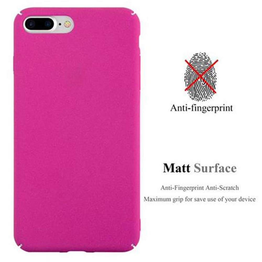 Custodia per telefono rosa, con testo e icona anti-impronte. Su sfondo bianco. Superficie opaca.