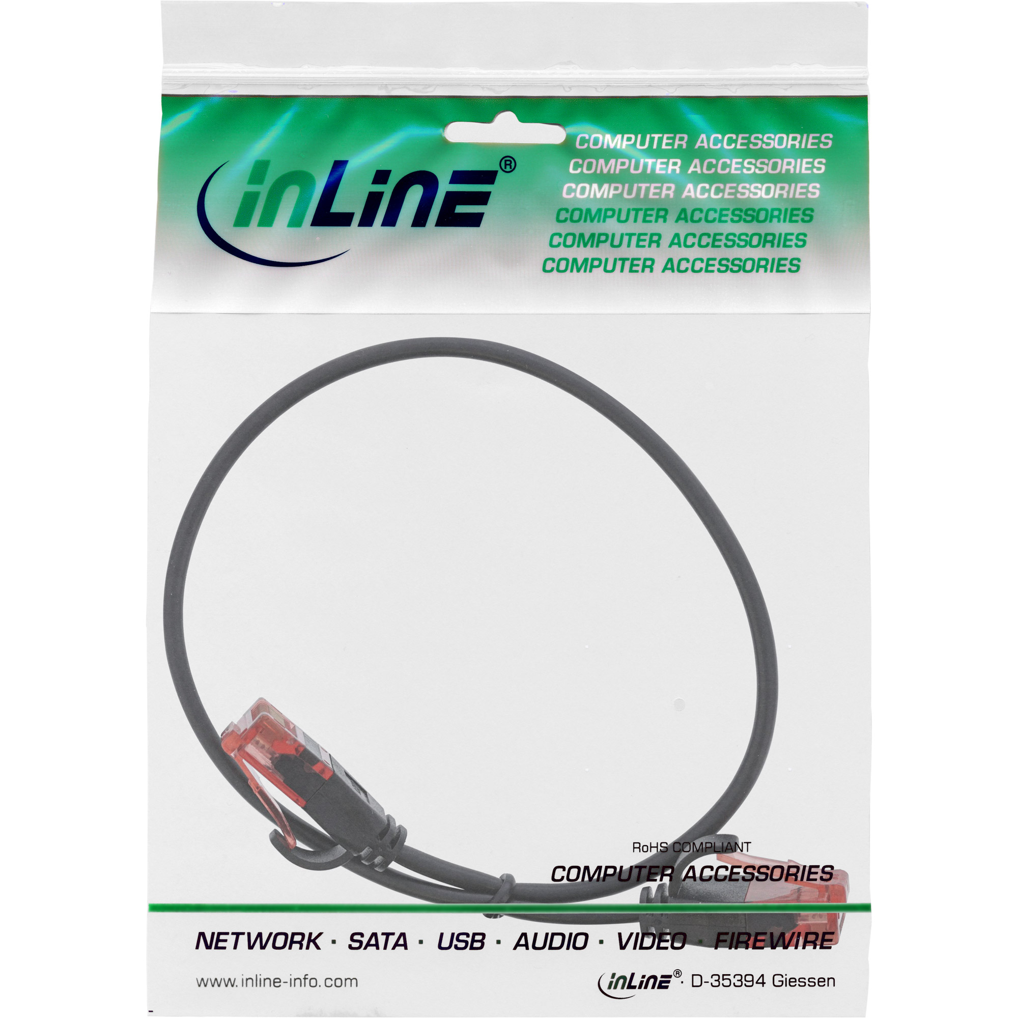 Kabel in een zakje. Het is een netwerkkabel, met USB-, audio-, video- en firewire-ingangen.