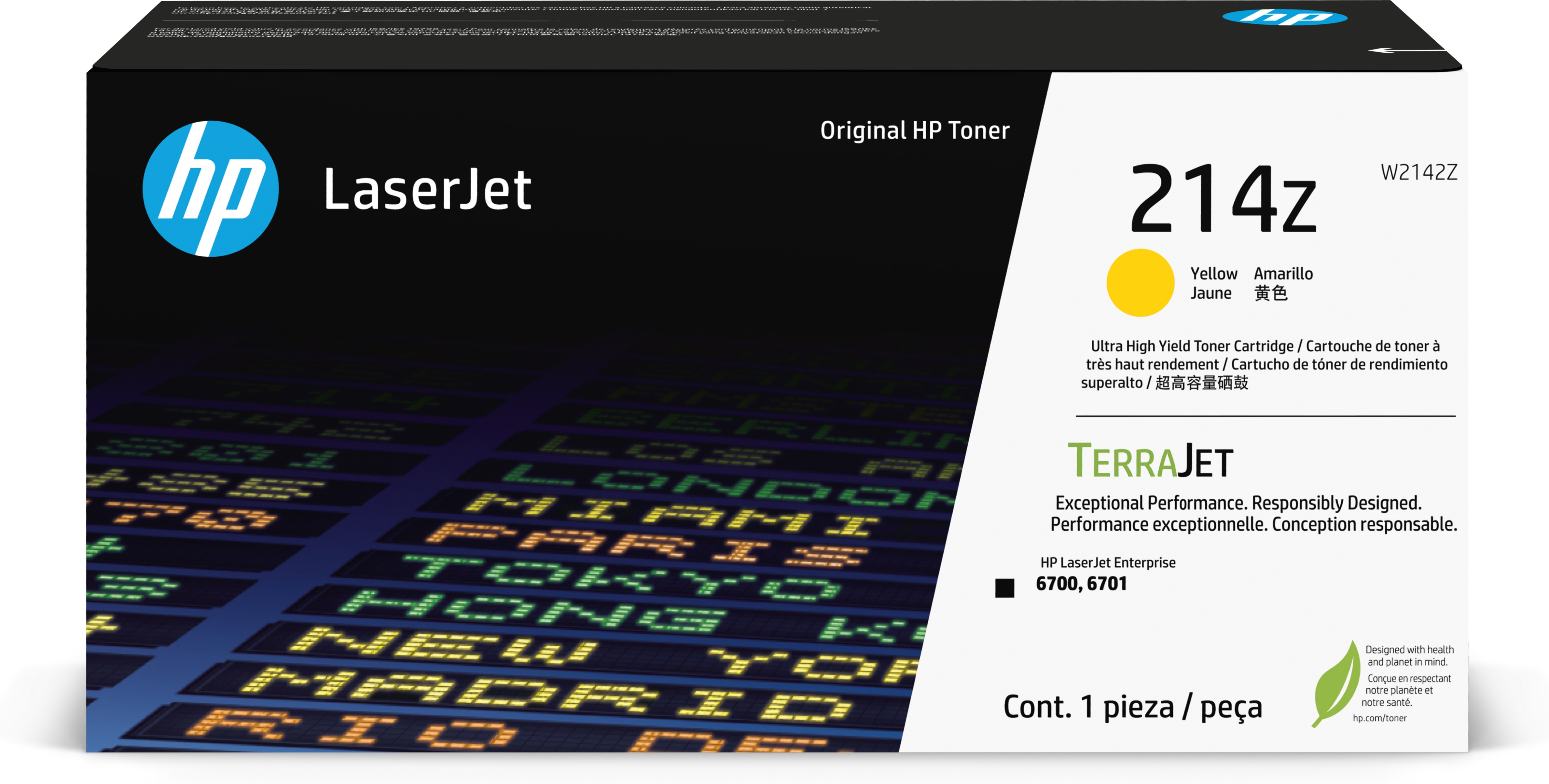 Pudełko z tonerem HP Laserjet, żółty tusz, 214z. Tło pokazuje tablicę odlotów.