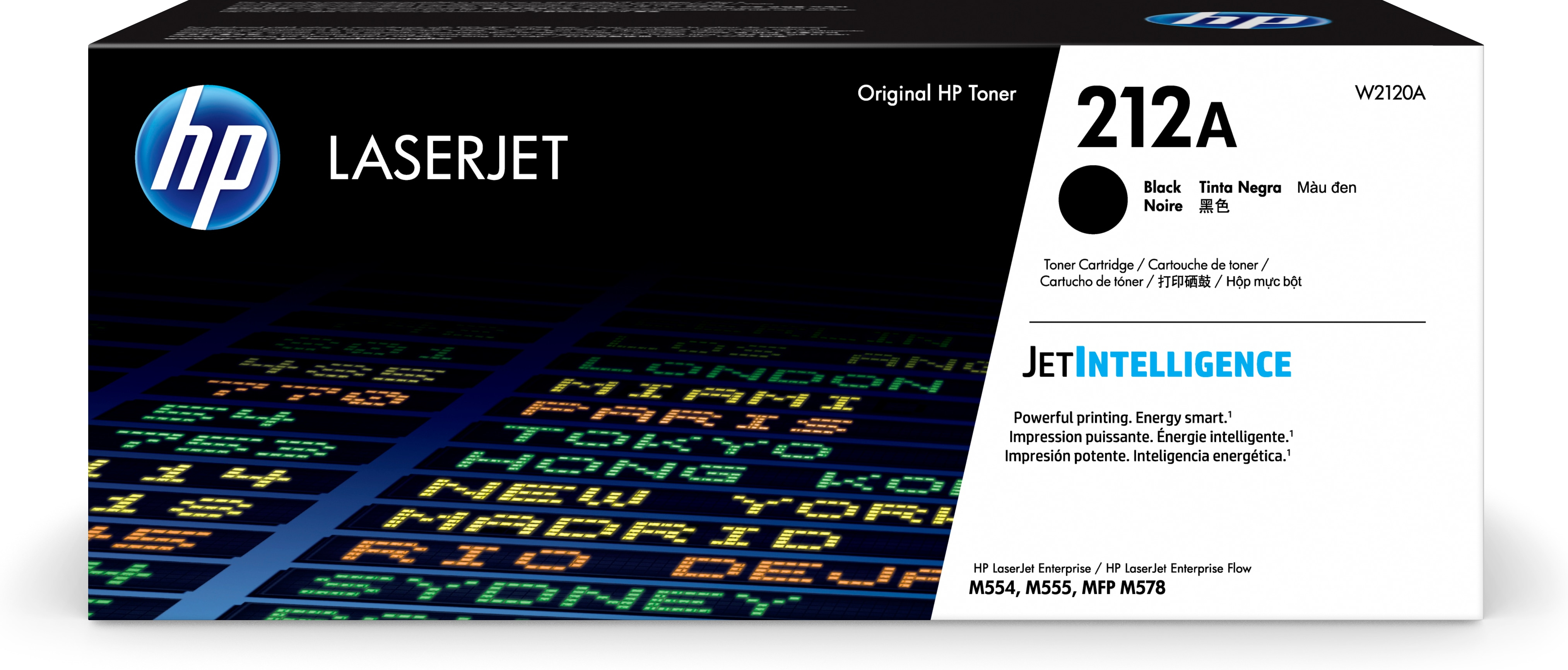 HP Laserjet Tonerkartuschenbox, schwarze Tinte, 212A. Hintergrund zeigt eine Abflugtafel.