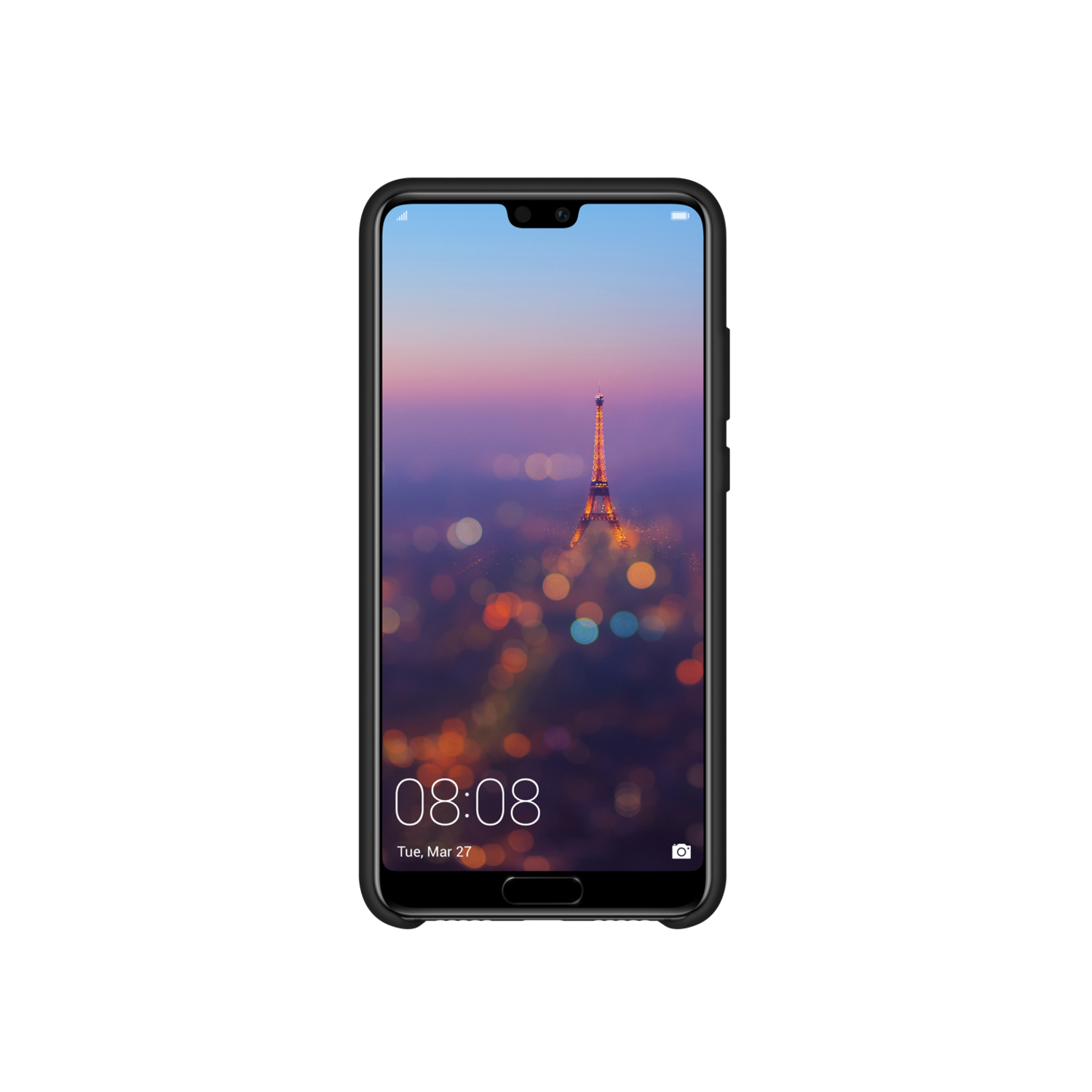 Telefono nero che mostra una città di notte. Martedì 27 marzo, ore 08:08.