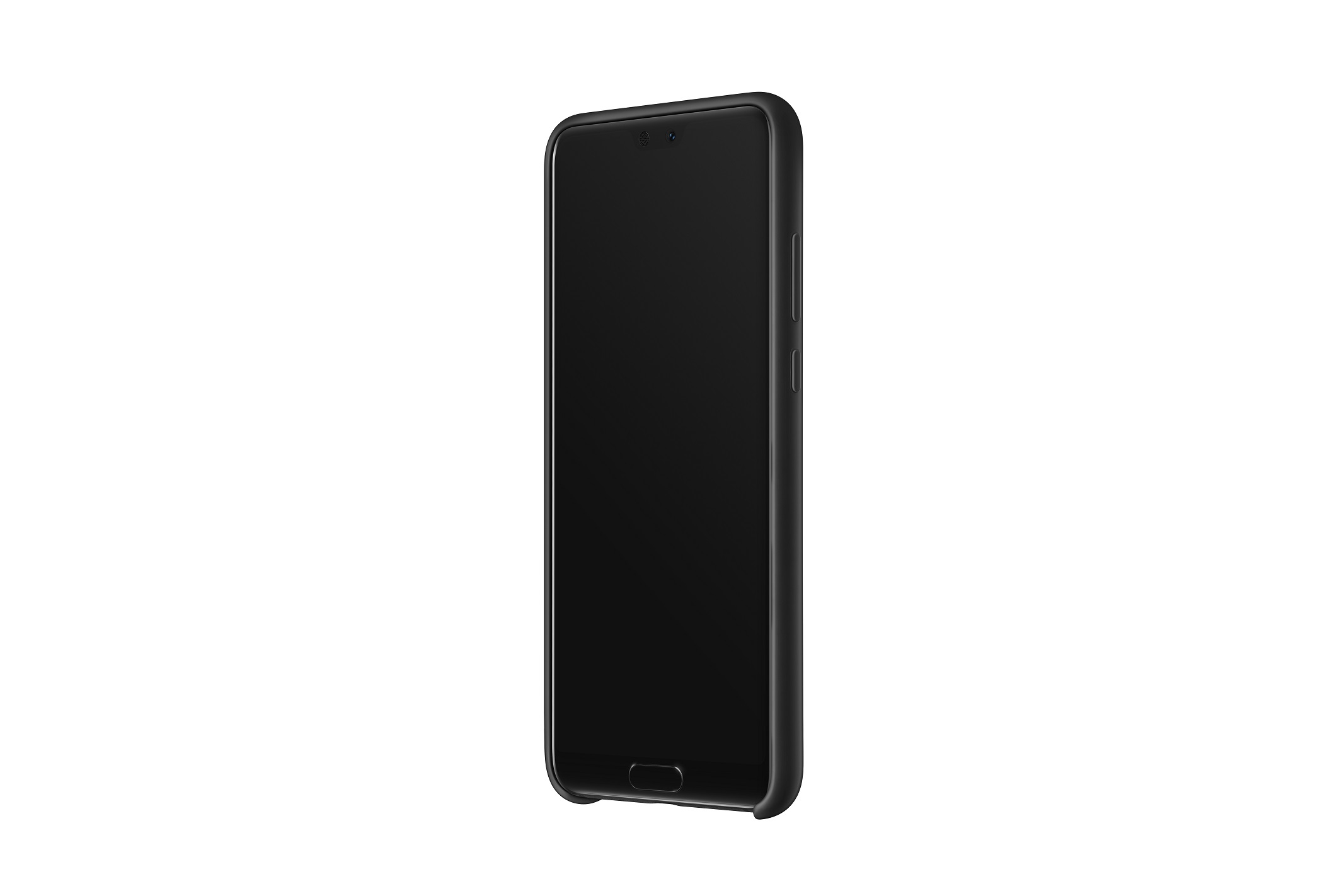 Telefono nero in una custodia, vista laterale, su sfondo bianco. Lo schermo è nero.