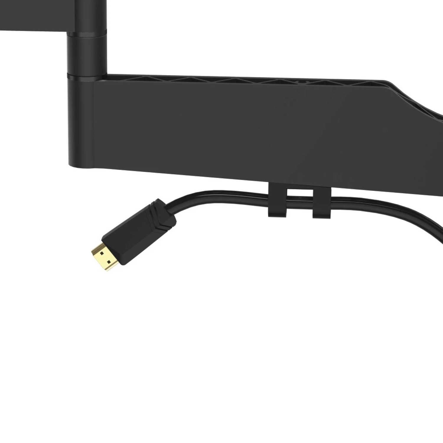 Nahaufnahme einer TV-Wandhalterung mit HDMI-Kabel und Stecker. Schwarzes Metall.