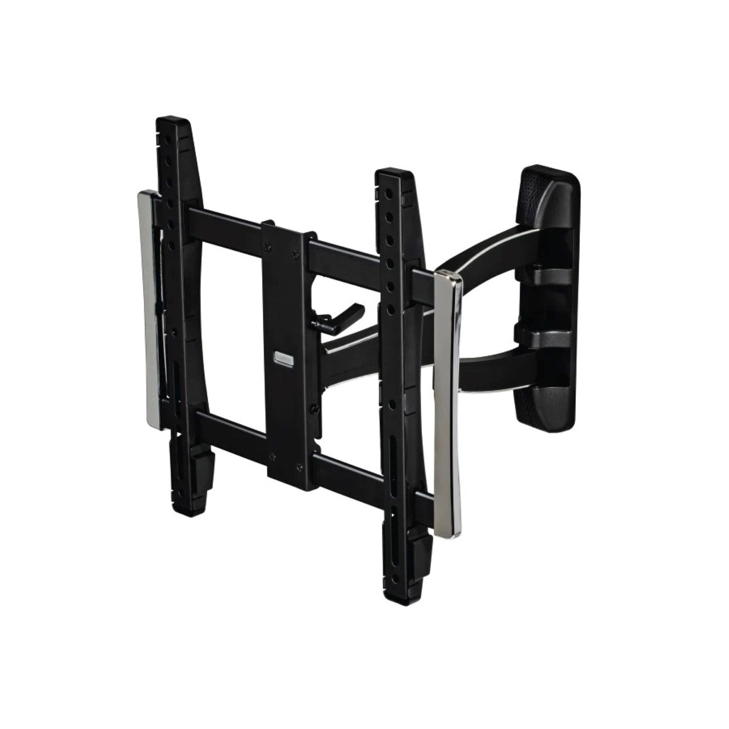 Soporte de pared para TV negro con detalles plateados, sobre fondo blanco.