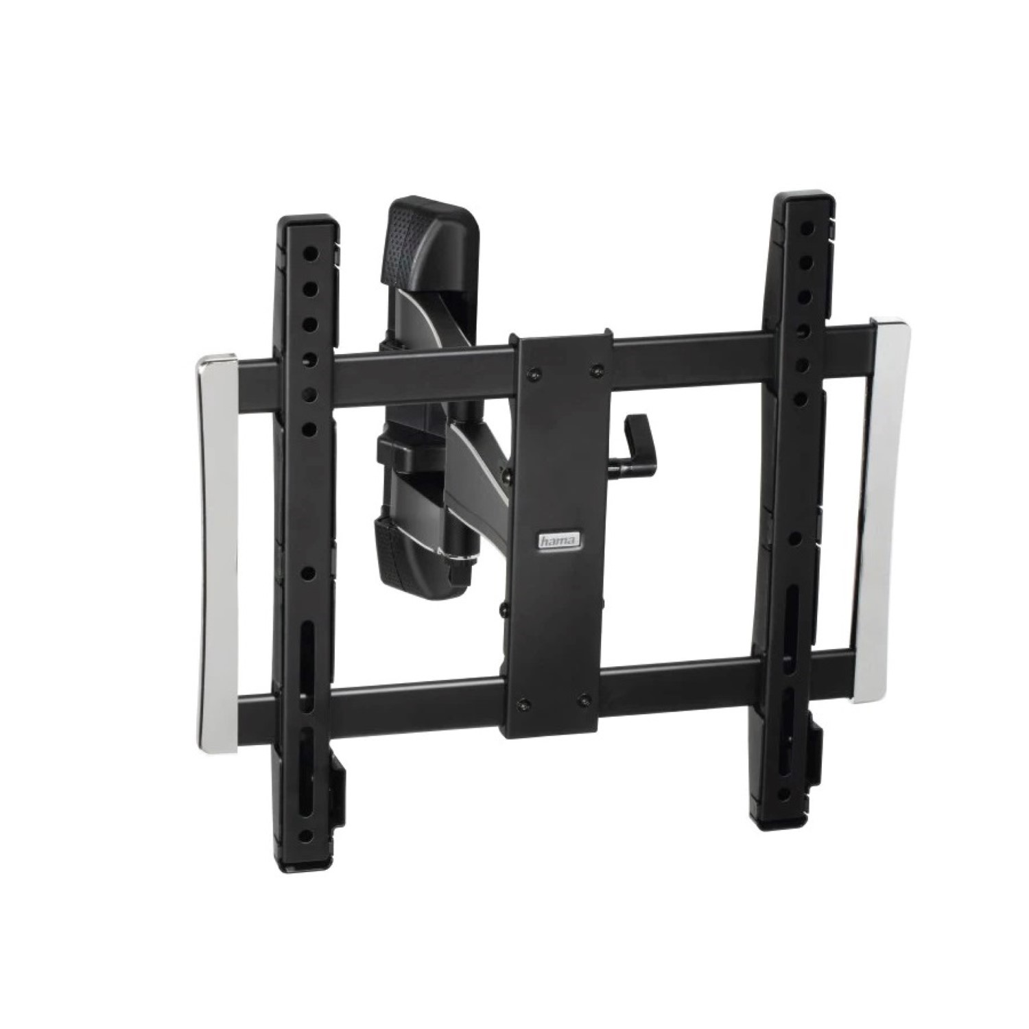 Se muestra un soporte de TV negro y plateado, con un brazo negro que se extiende desde la parte posterior.