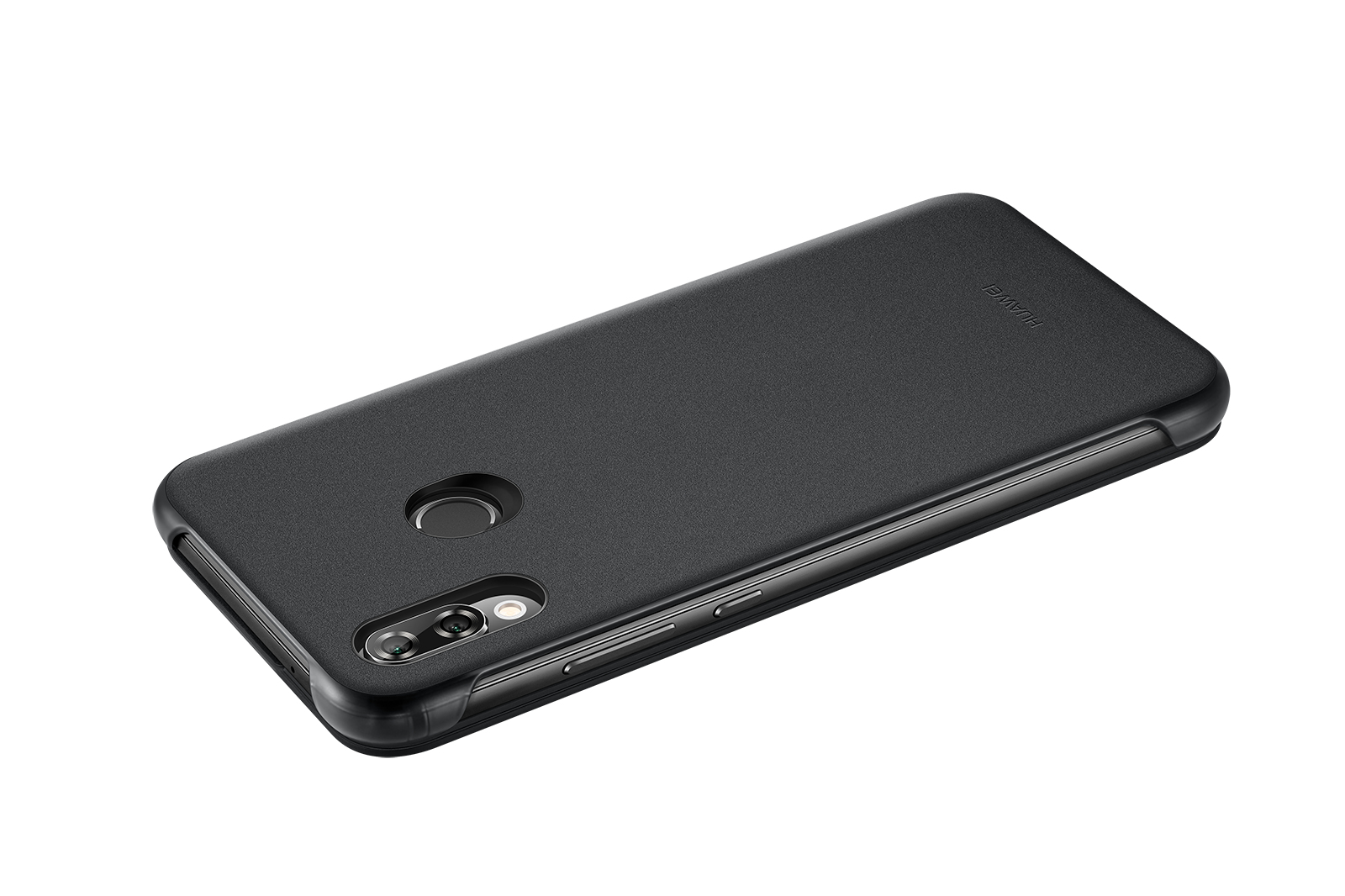 Custodia nera per telefono con ritaglio per fotocamera e sensore impronte, su bianco.