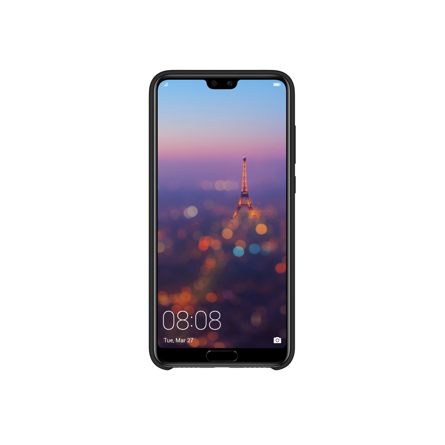 Schermo di smartphone che mostra la Torre Eiffel di notte. Telefono in custodia nera, su bianco.