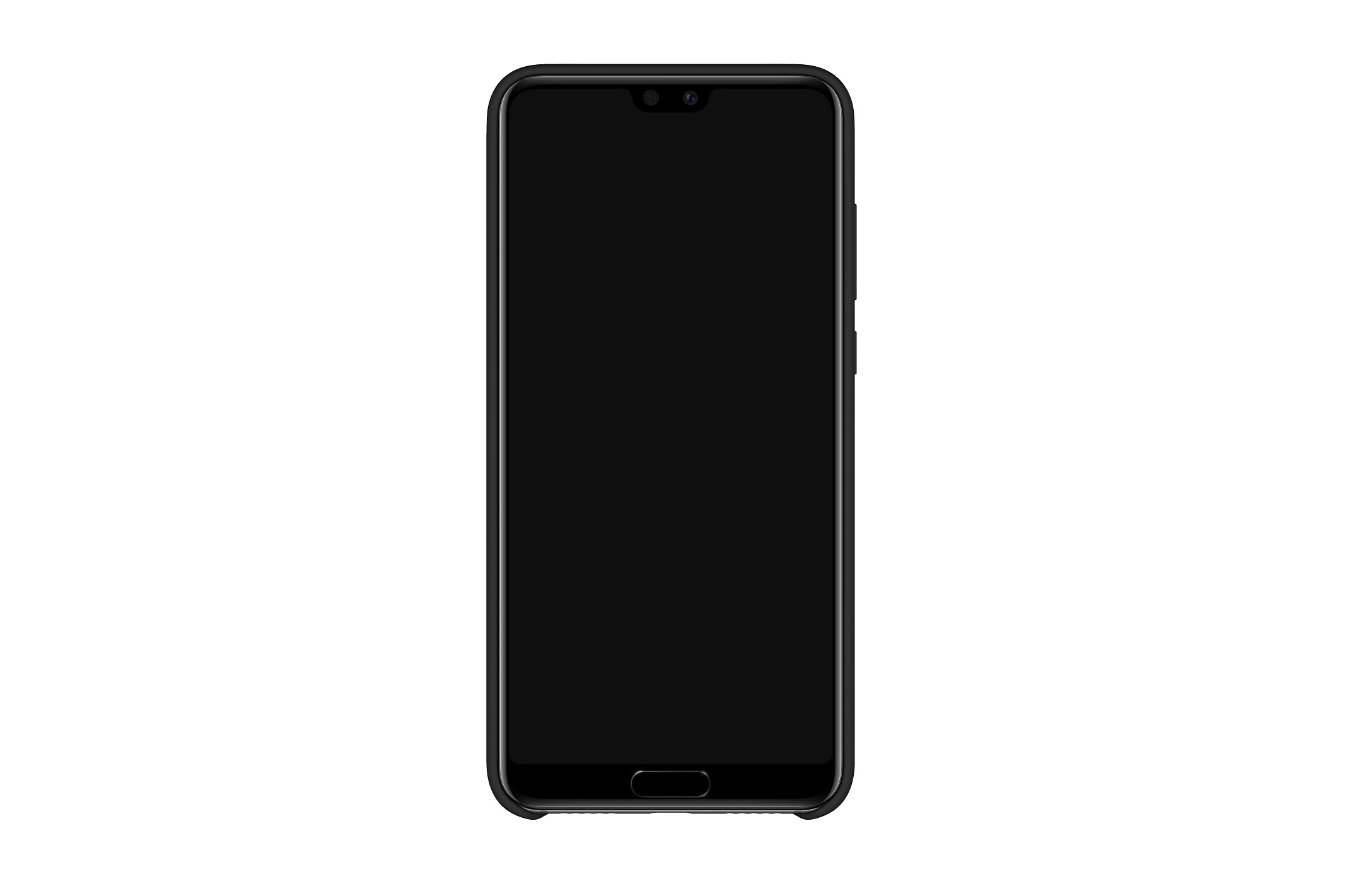 Uno smartphone nero poggia su uno sfondo bianco. Lo schermo è nero.