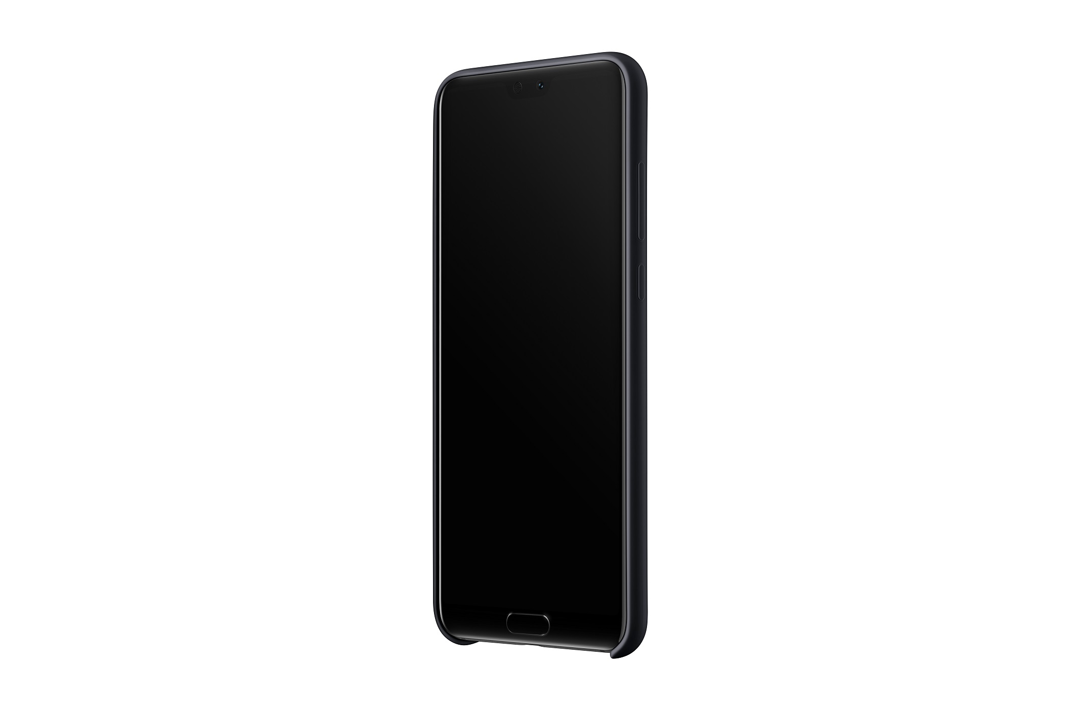 Telefono nero in una custodia, che mostra il lato. Sfondo bianco.