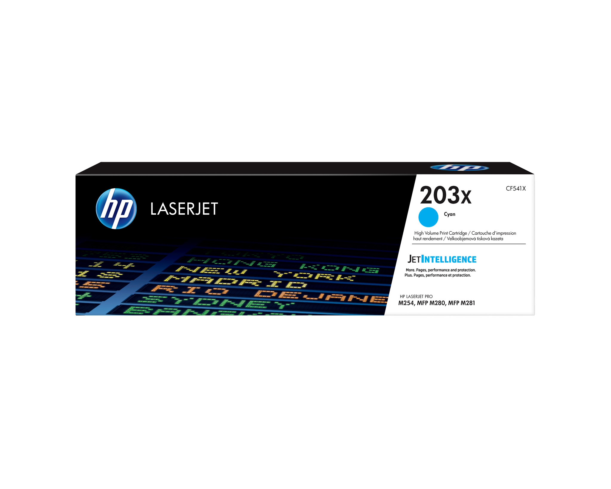 Pudełko z wkładem z tonerem Cyan HP Laserjet 203x z tekstem i logo, na białym tle.